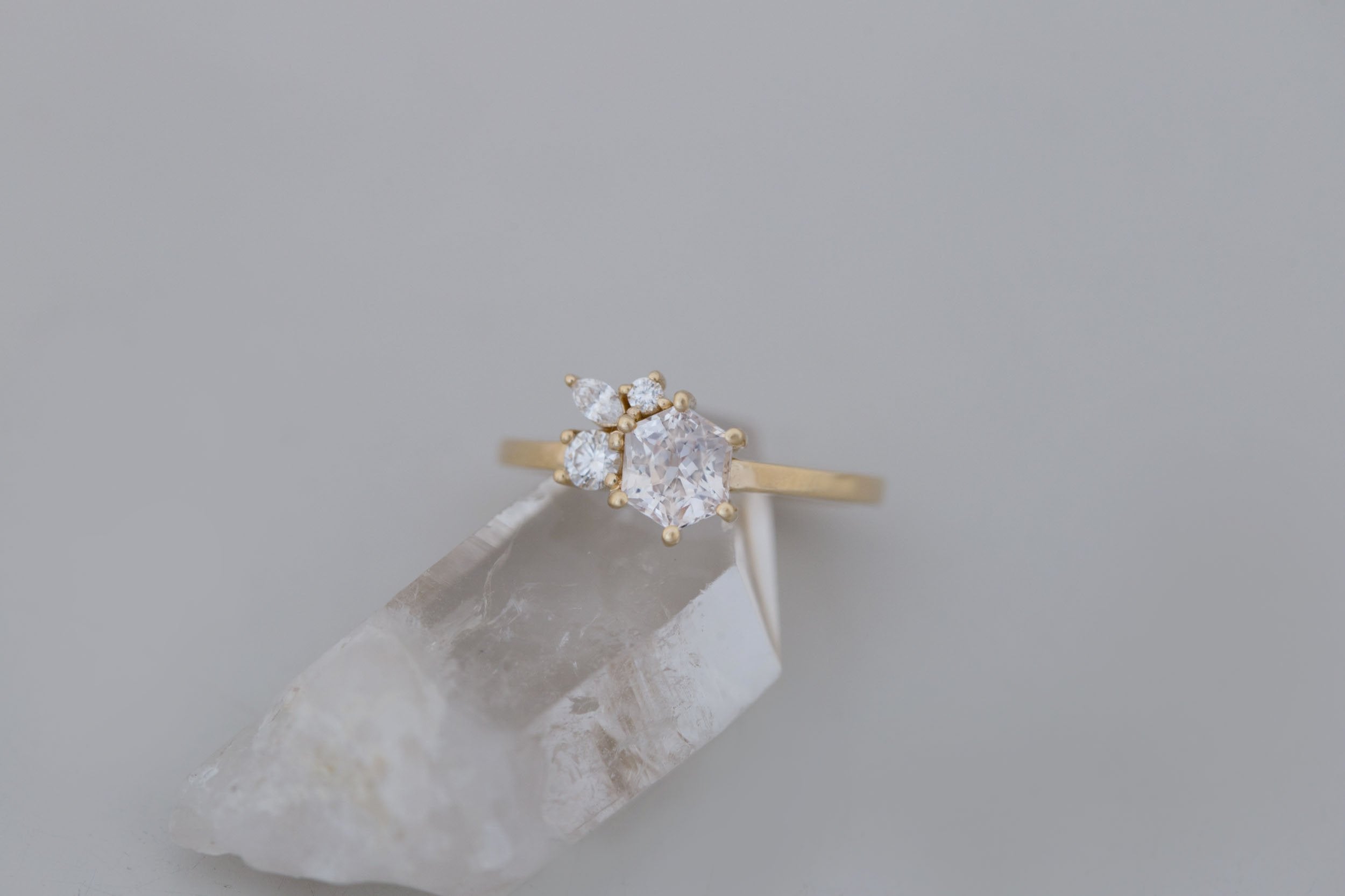 Celeste Ring | Icy Blush Hexagonal Sapphire + Diamond Cluster Engagement Ring 1.05 ct | 14k Recycled Gold | One of a Kind