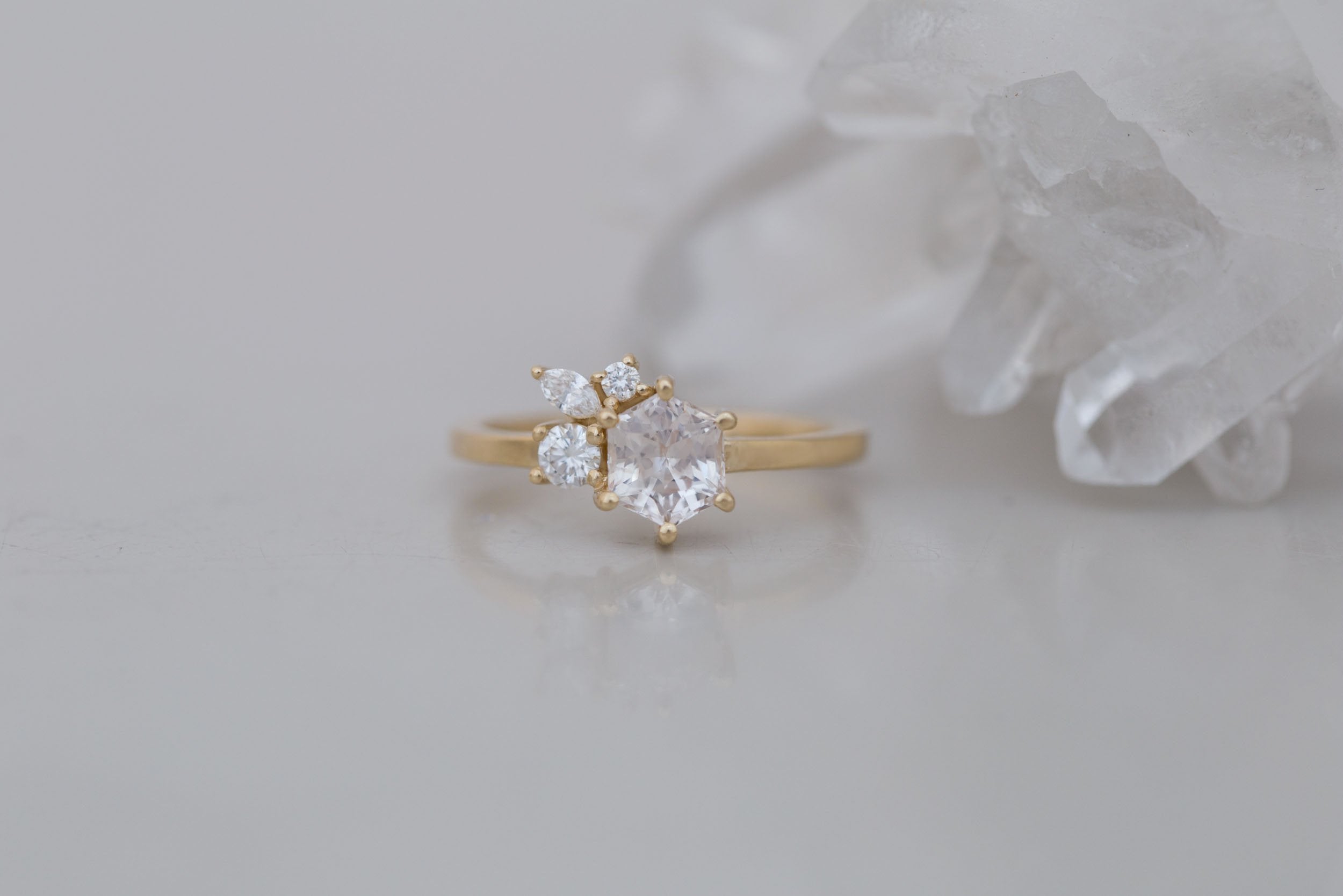 Celeste Ring | Icy Blush Hexagonal Sapphire + Diamond Cluster Engagement Ring 1.05 ct | 14k Recycled Gold | One of a Kind