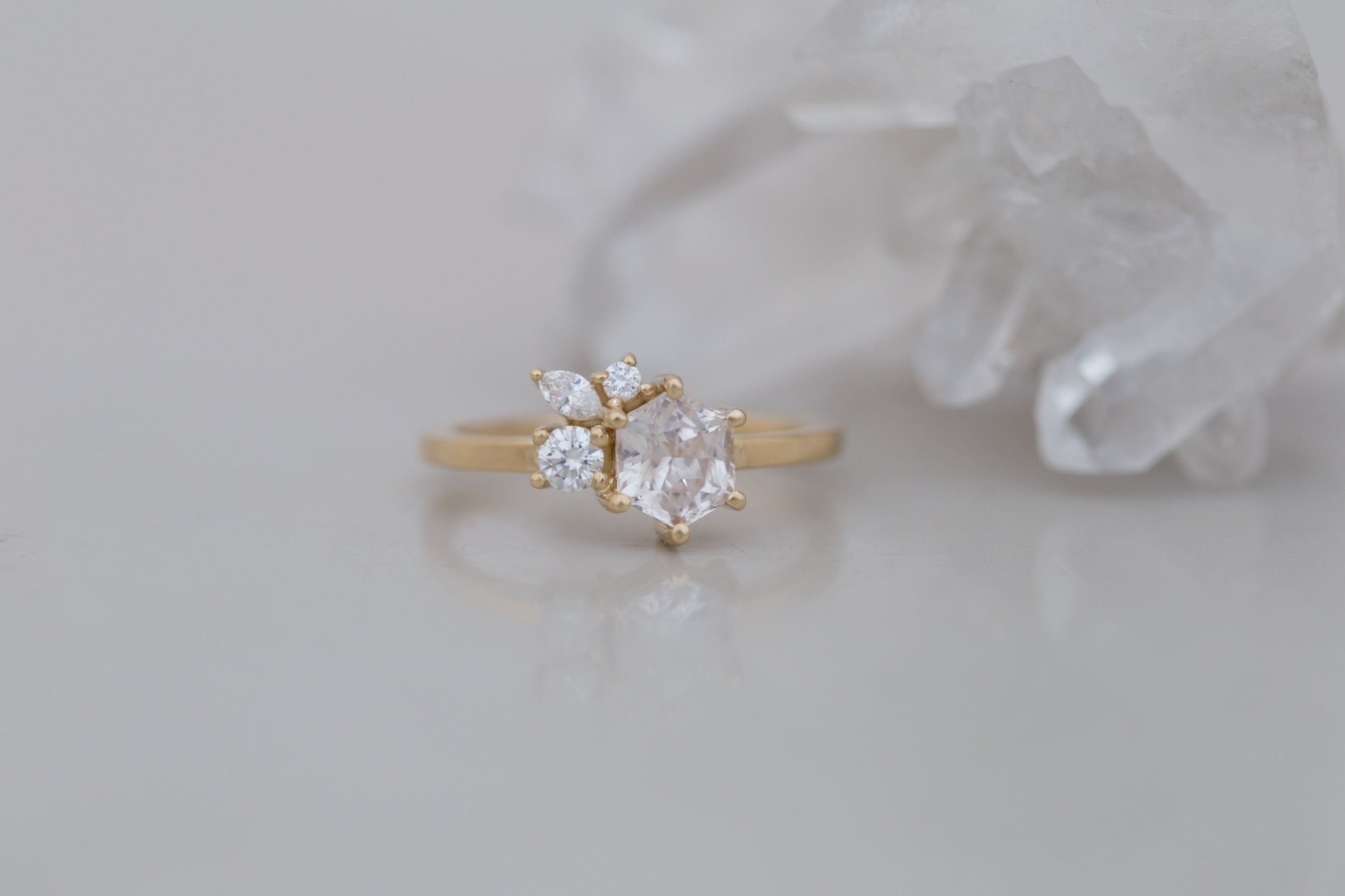 Celeste Ring | Icy Blush Hexagonal Sapphire + Diamond Cluster Engagement Ring 1.05 ct | 14k Recycled Gold | One of a Kind
