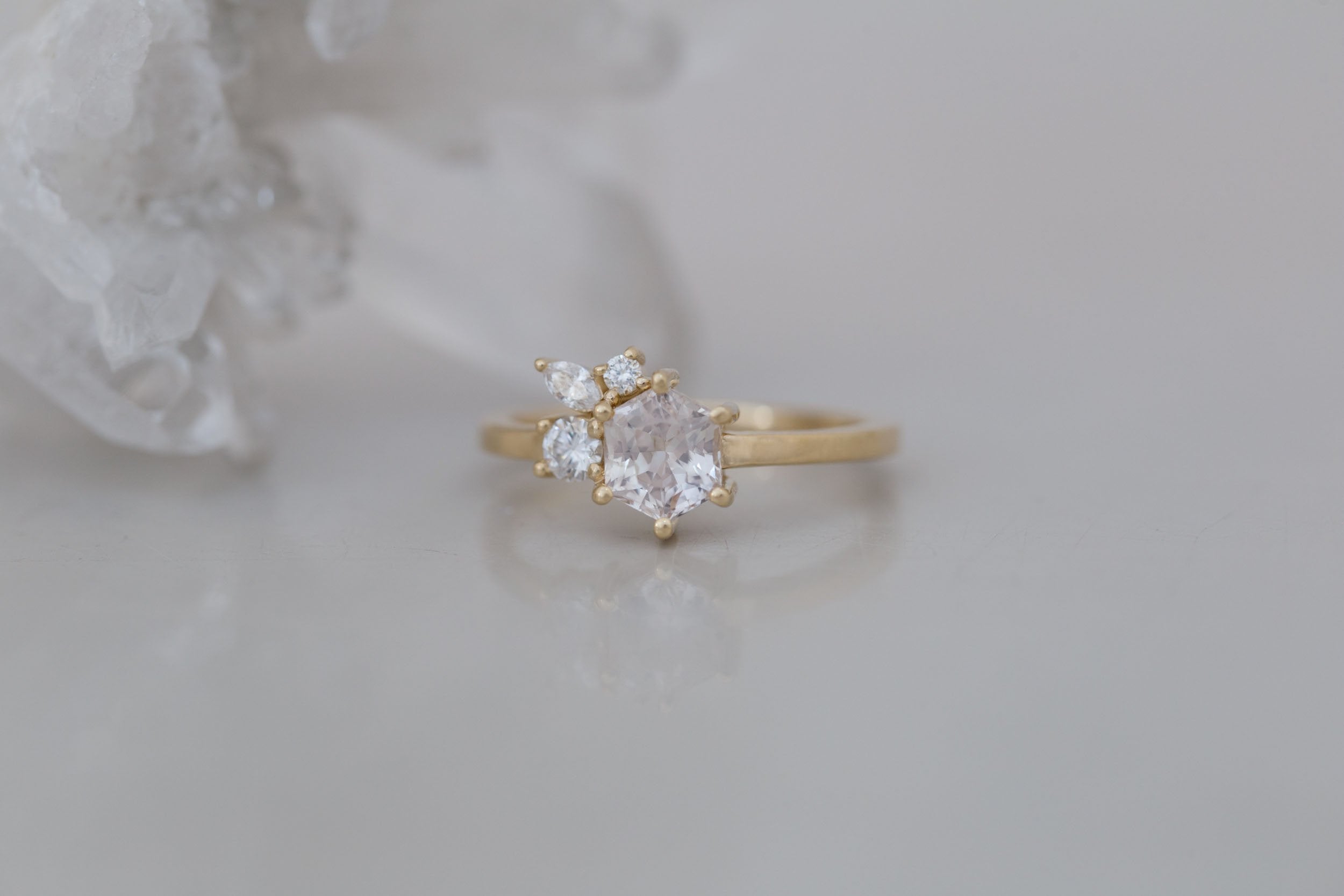 Celeste Ring | Icy Blush Hexagonal Sapphire + Diamond Cluster Engagement Ring 1.05 ct | 14k Recycled Gold | One of a Kind