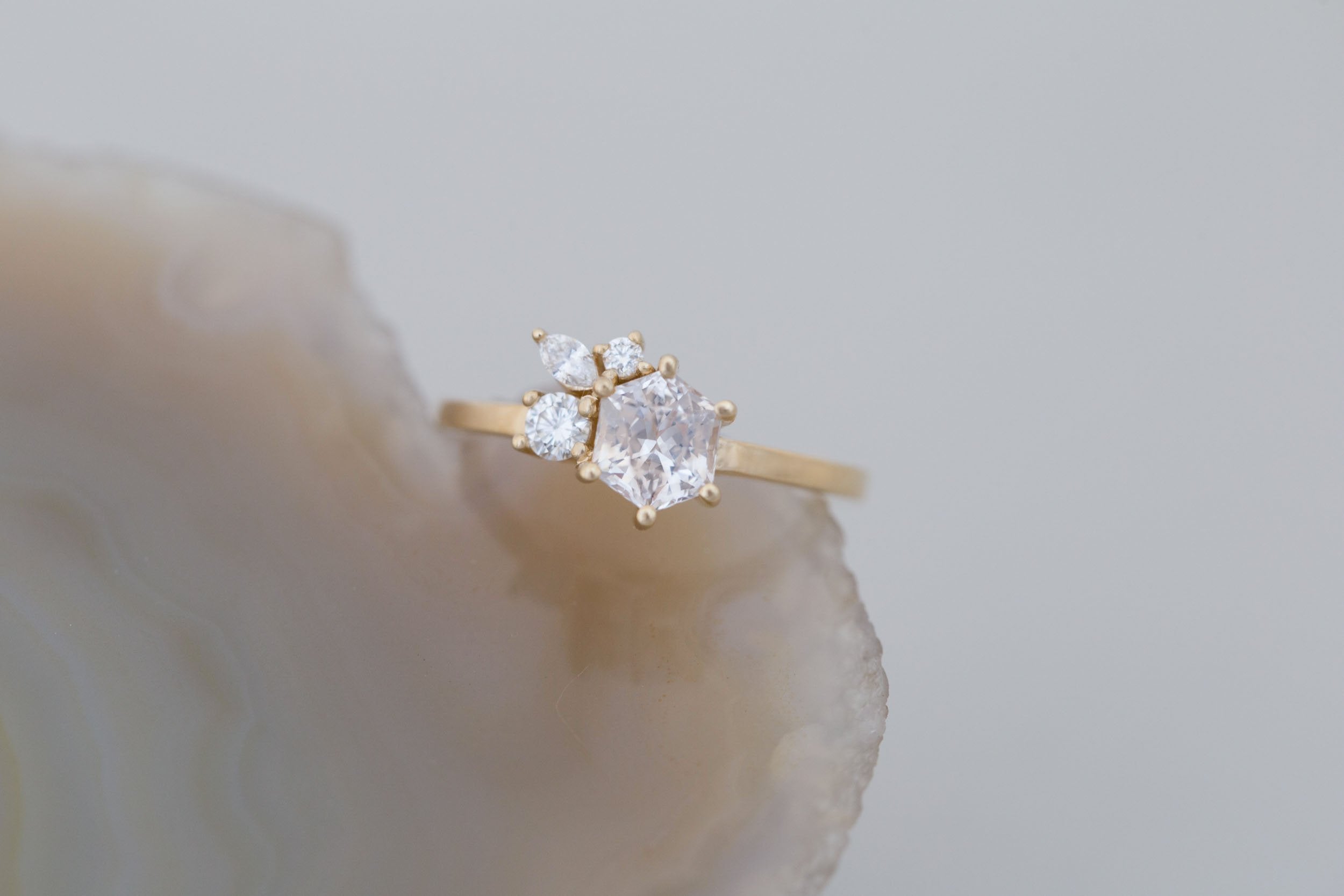 Celeste Ring | Icy Blush Hexagonal Sapphire + Diamond Cluster Engagement Ring 1.05 ct | 14k Recycled Gold | One of a Kind