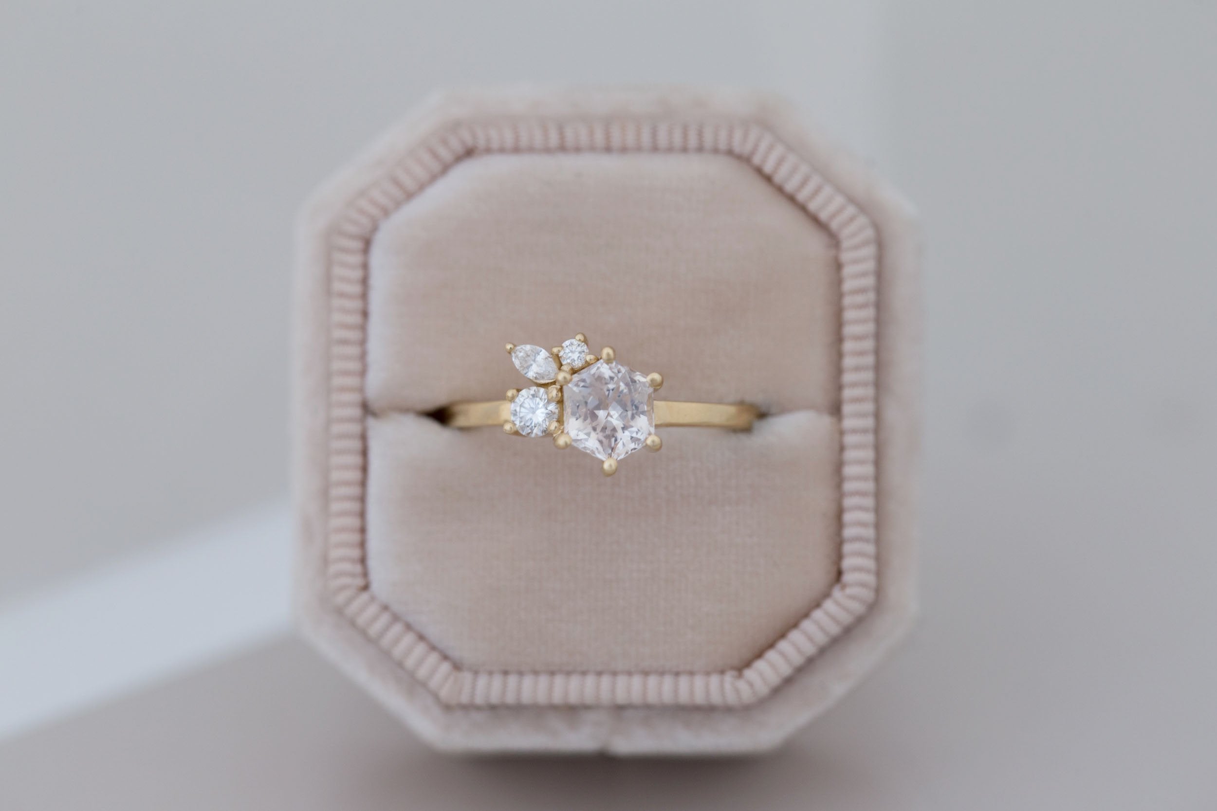 Celeste Ring | Icy Blush Hexagonal Sapphire + Diamond Cluster Engagement Ring 1.05 ct | 14k Recycled Gold | One of a Kind