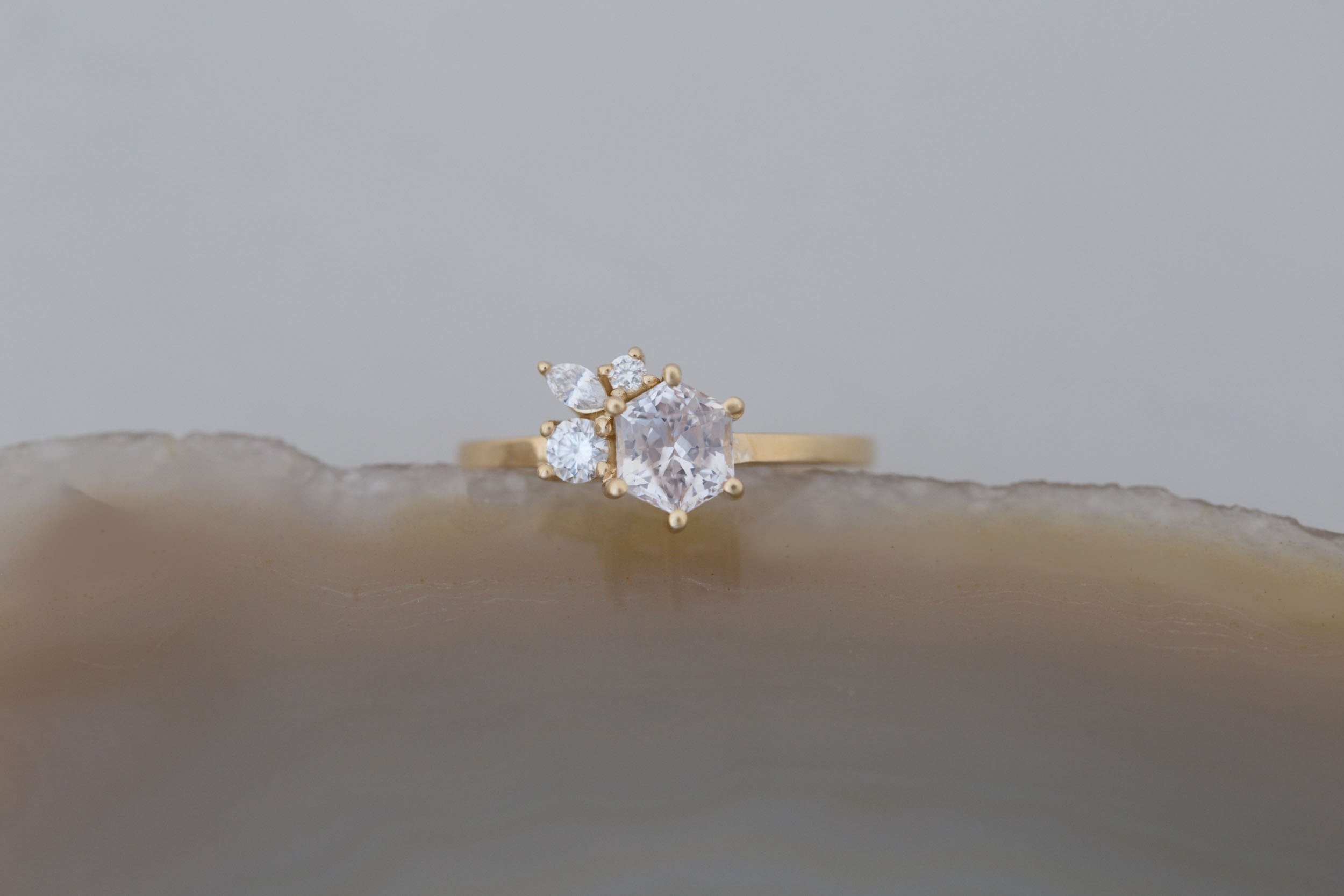 Celeste Ring | Icy Blush Hexagonal Sapphire + Diamond Cluster Engagement Ring 1.05 ct | 14k Recycled Gold | One of a Kind
