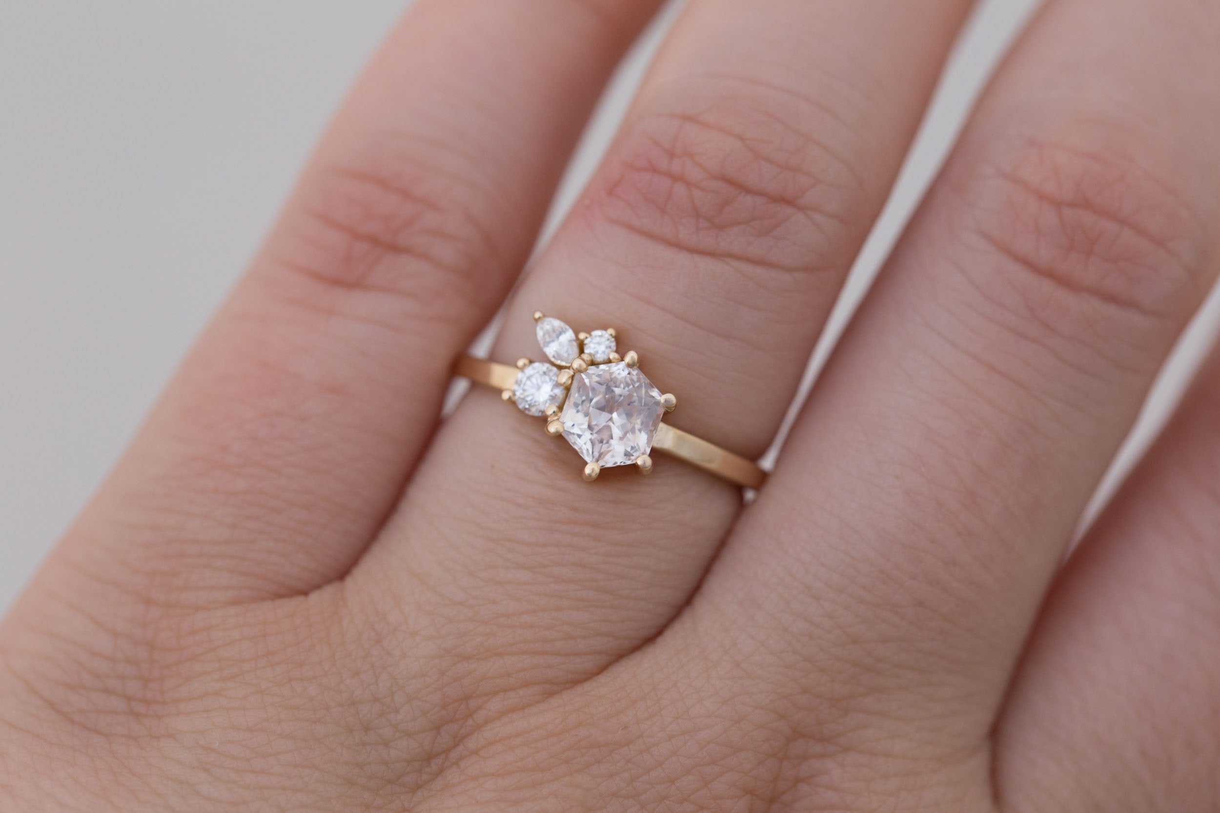 Celeste Ring | Icy Blush Hexagonal Sapphire + Diamond Cluster Engagement Ring 1.05 ct | 14k Recycled Gold | One of a Kind