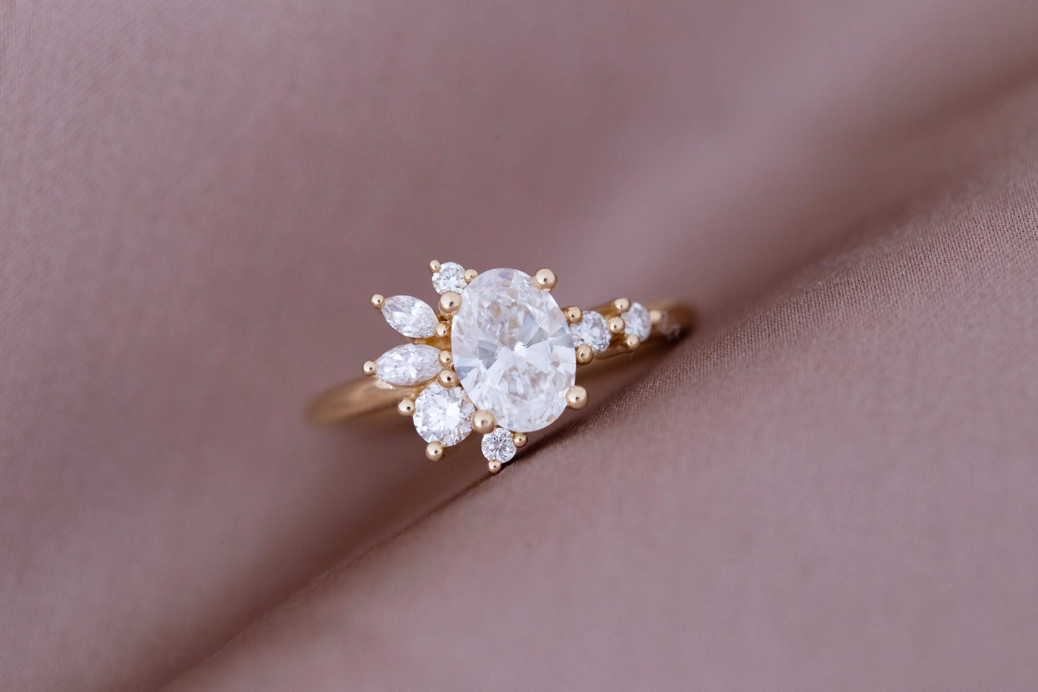 Ambretta Ring | Lab Oval Diamond + Lab Diamond Cluster Engagement Ring 1.05 ct | 14k Recycled Gold | One of a Kind