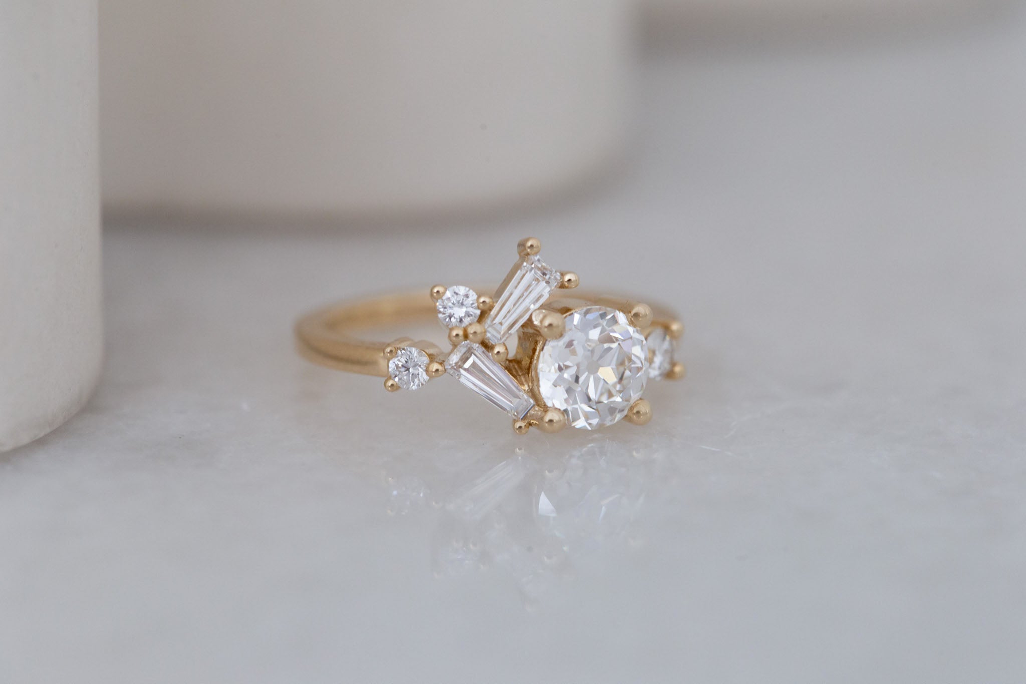 Rowan Ring | Lab Antique Diamond + Diamond Cluster Engagement Ring 1.05 ct | 14k Recycled Gold | One of a Kind