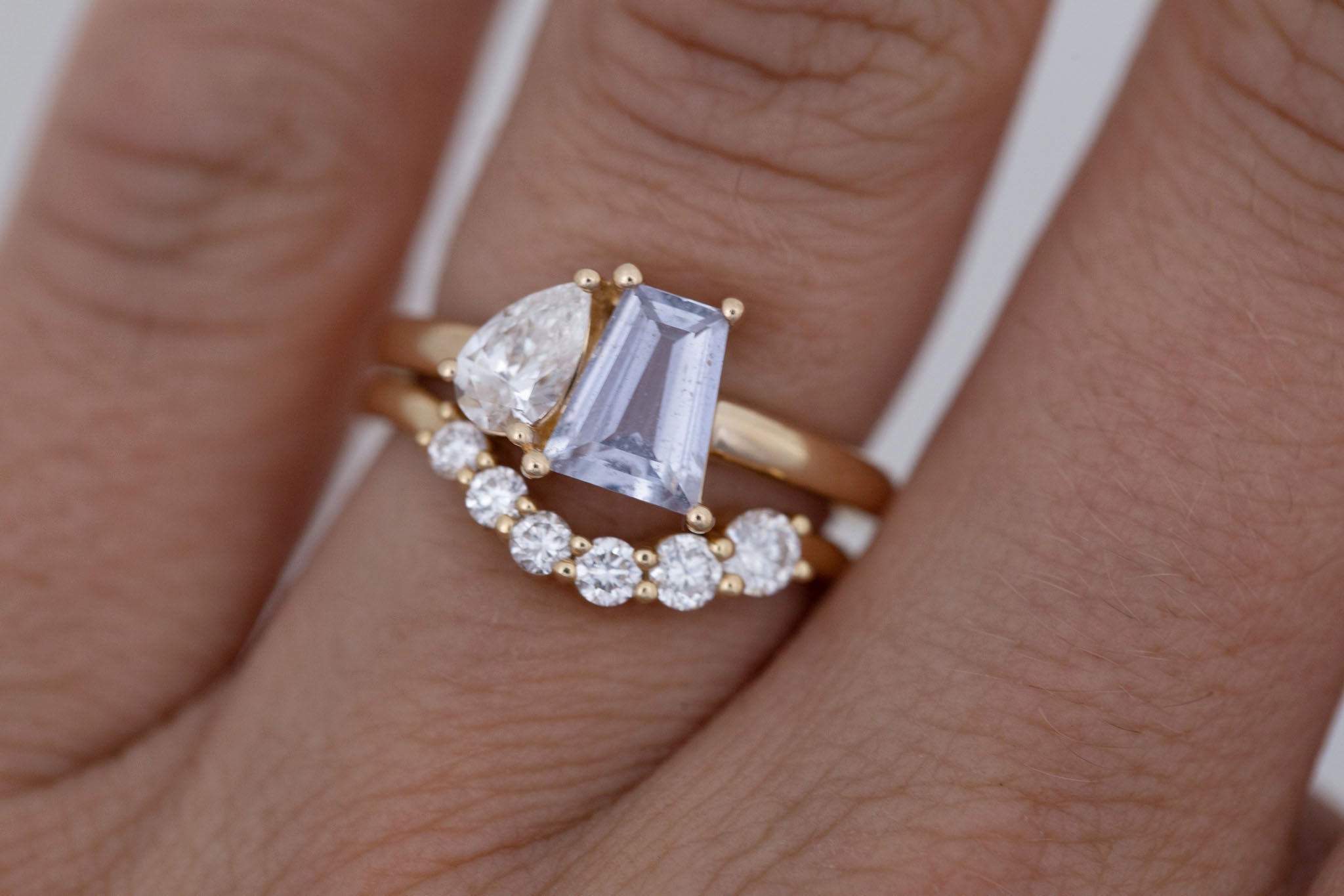 Liana Ring | Lavender Trapezoid Sapphire + Pear Diamond Engagement Ring 1.07 ct | 14k Recycled Gold | One of a Kind