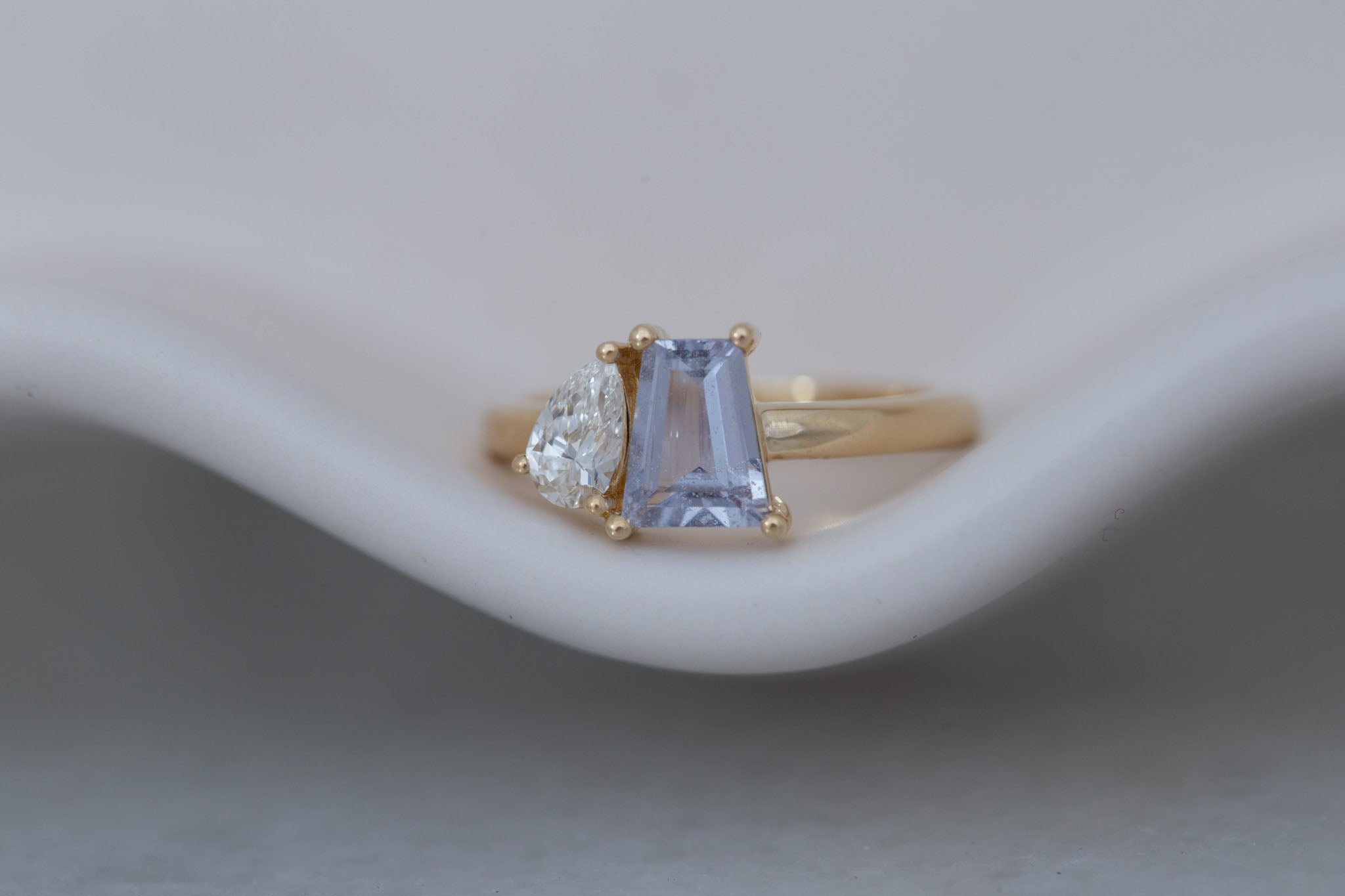 Liana Ring | Lavender Trapezoid Sapphire + Pear Diamond Engagement Ring 1.07 ct | 14k Recycled Gold | One of a Kind