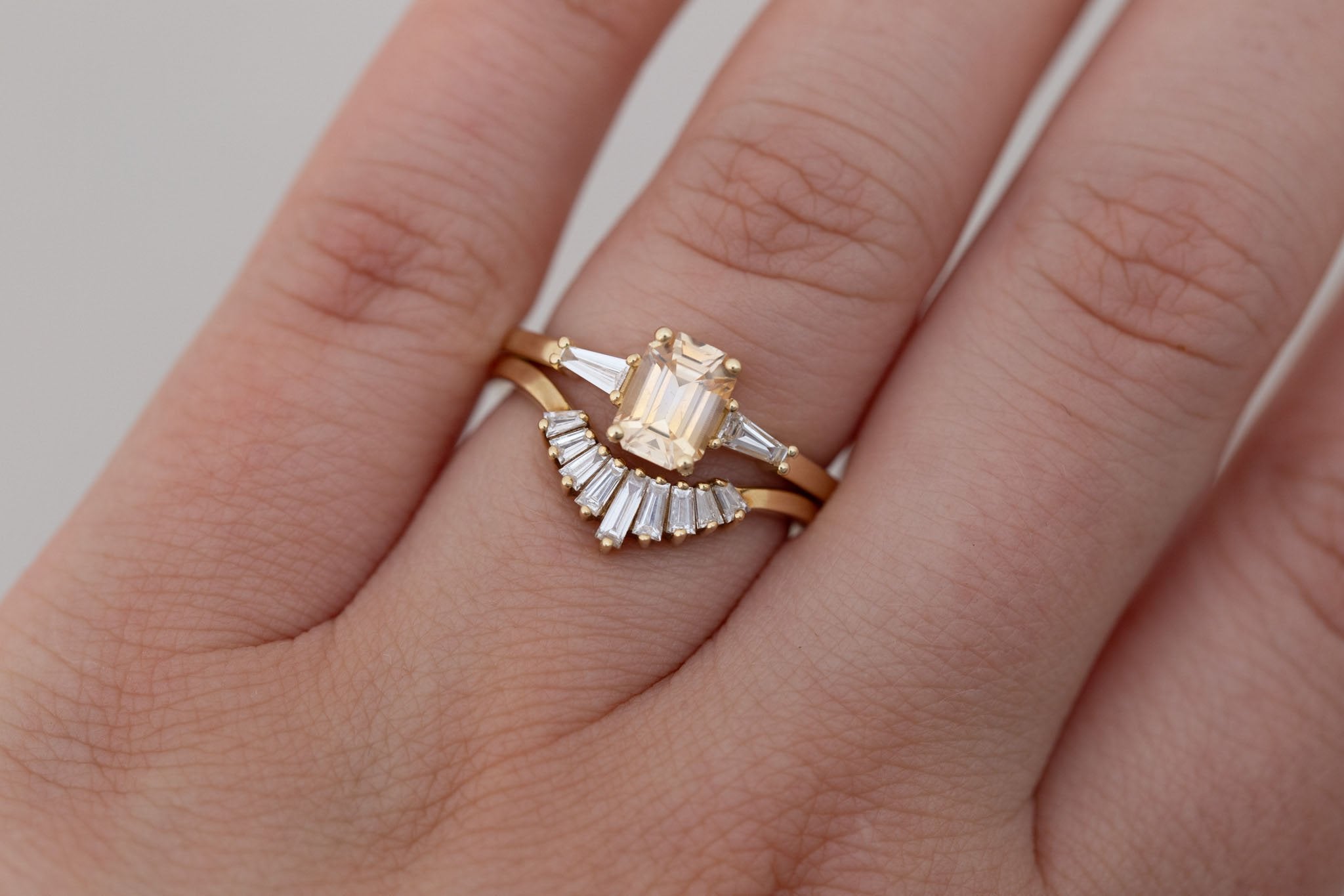 Marlowe Ring | Apricot Emerald Cut Sapphire + Tapered Baguette Engagement Ring 1.08 ct | 14k Recycled Gold | One of a Kind
