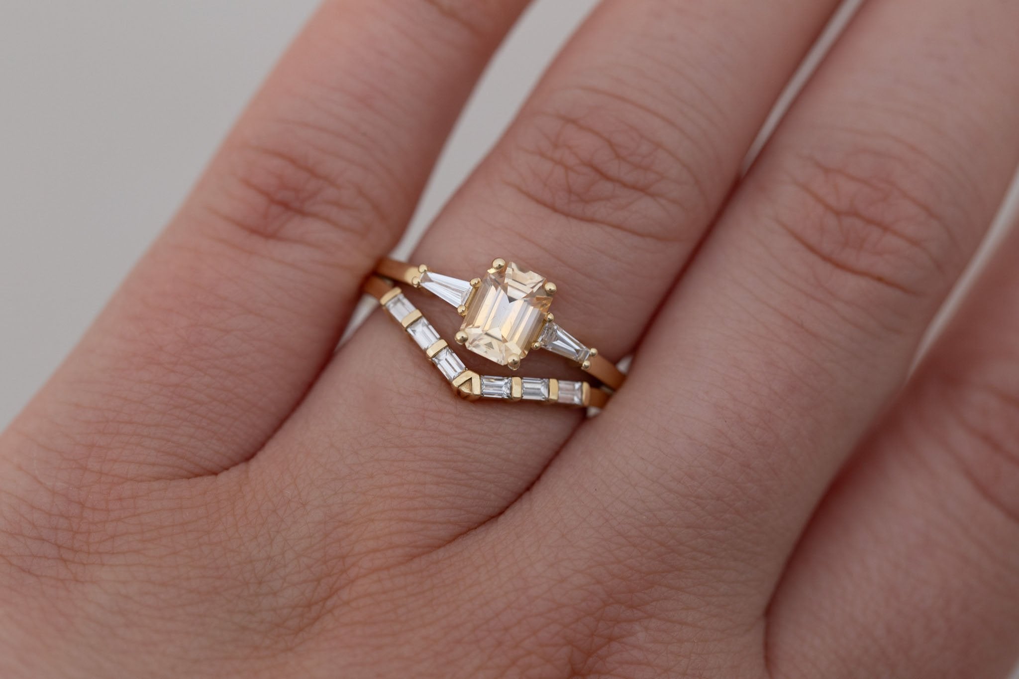 Marlowe Ring | Apricot Emerald Cut Sapphire + Tapered Baguette Engagement Ring 1.08 ct | 14k Recycled Gold | One of a Kind
