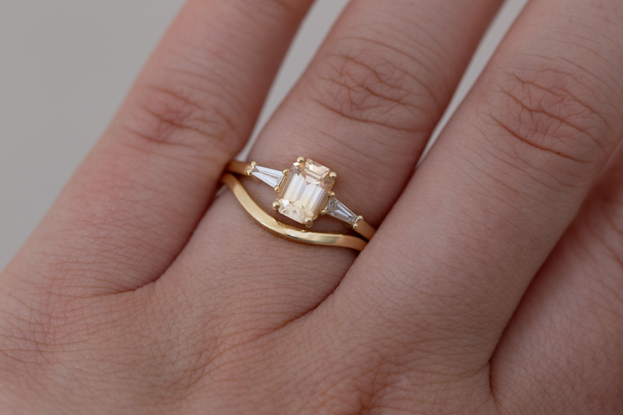 Marlowe Ring | Apricot Emerald Cut Sapphire + Tapered Baguette Engagement Ring 1.08 ct | 14k Recycled Gold | One of a Kind