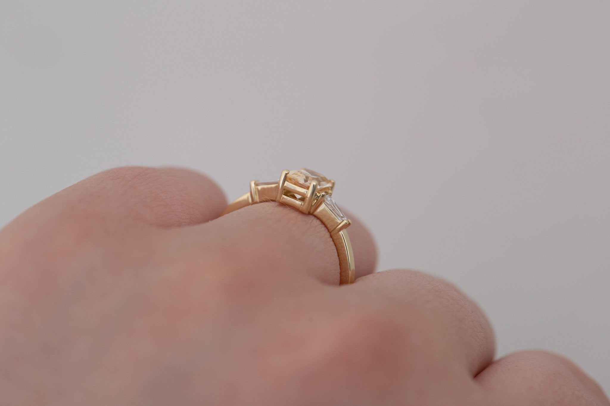 Marlowe Ring | Apricot Emerald Cut Sapphire + Tapered Baguette Engagement Ring 1.08 ct | 14k Recycled Gold | One of a Kind