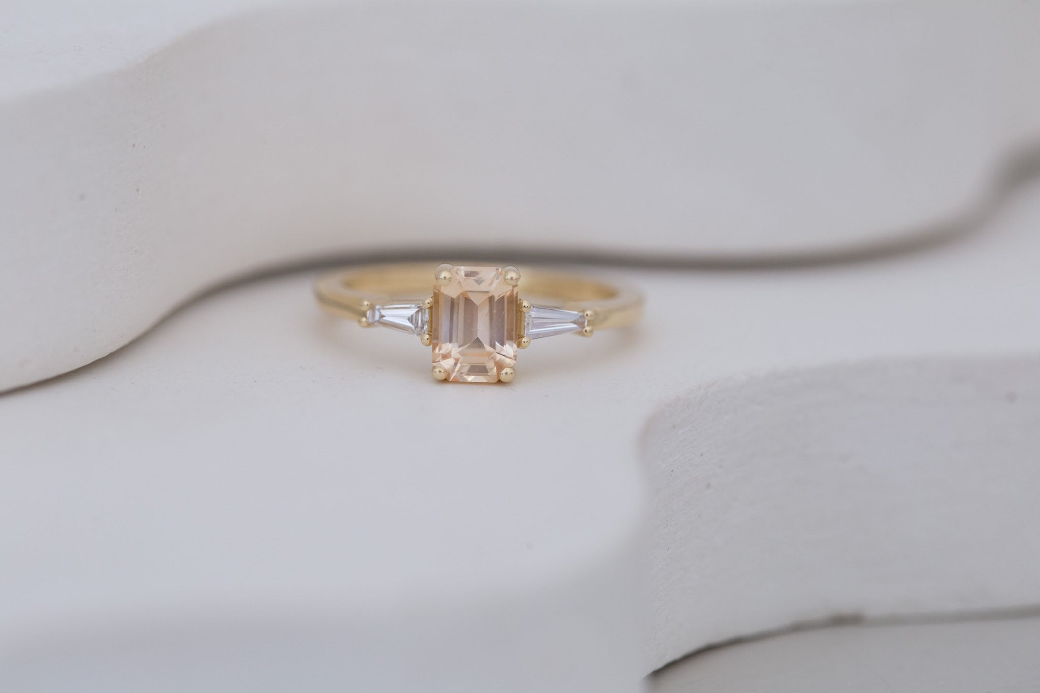 Marlowe Ring | Apricot Emerald Cut Sapphire + Tapered Baguette Engagement Ring 1.08 ct | 14k Recycled Gold | One of a Kind