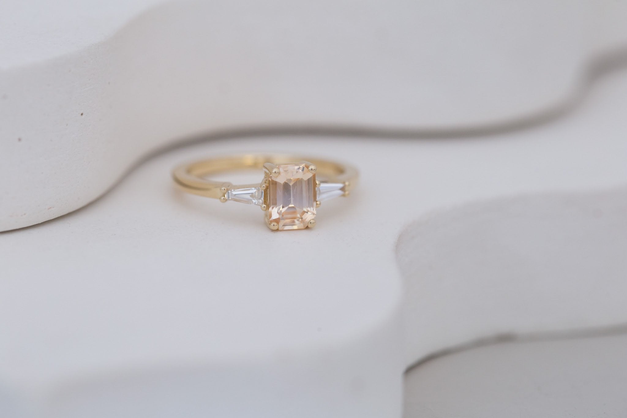 Marlowe Ring | Apricot Emerald Cut Sapphire + Tapered Baguette Engagement Ring 1.08 ct | 14k Recycled Gold | One of a Kind