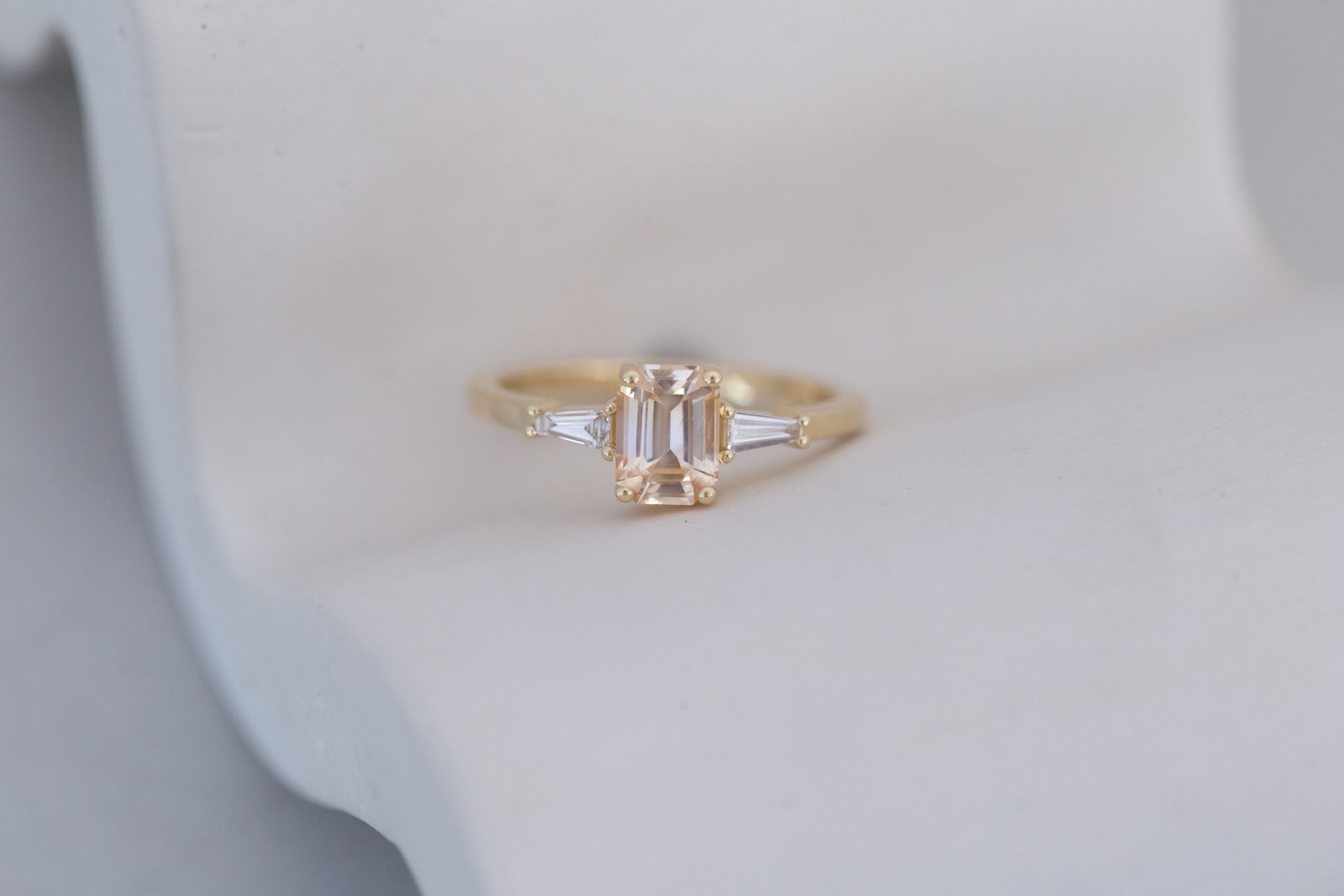 Marlowe Ring | Apricot Emerald Cut Sapphire + Tapered Baguette Engagement Ring 1.08 ct | 14k Recycled Gold | One of a Kind