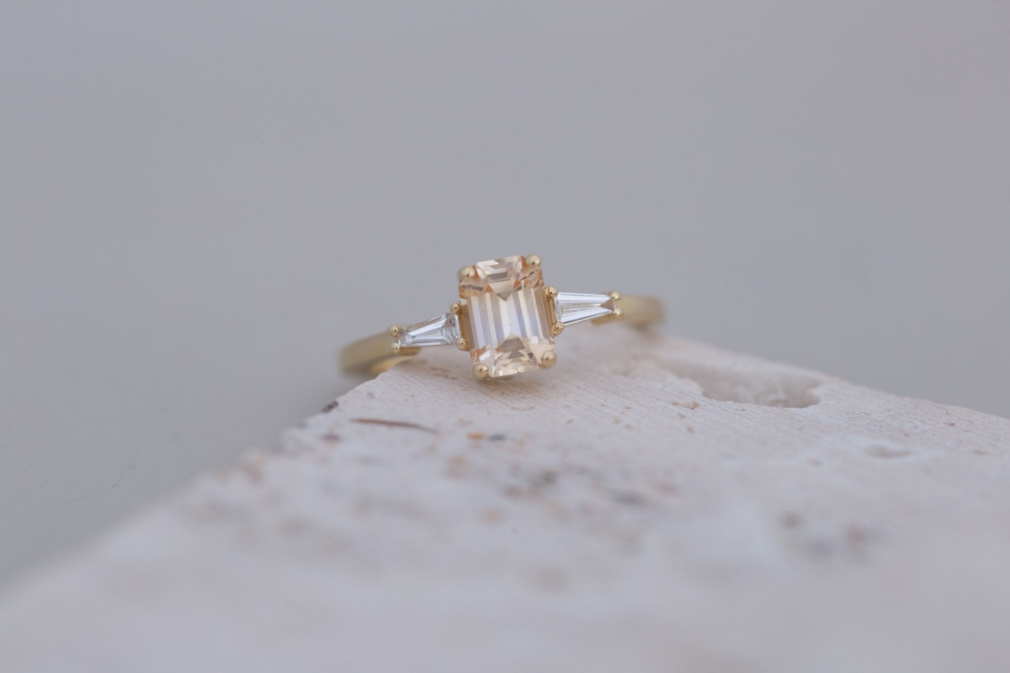 Marlowe Ring | Apricot Emerald Cut Sapphire + Tapered Baguette Engagement Ring 1.08 ct | 14k Recycled Gold | One of a Kind
