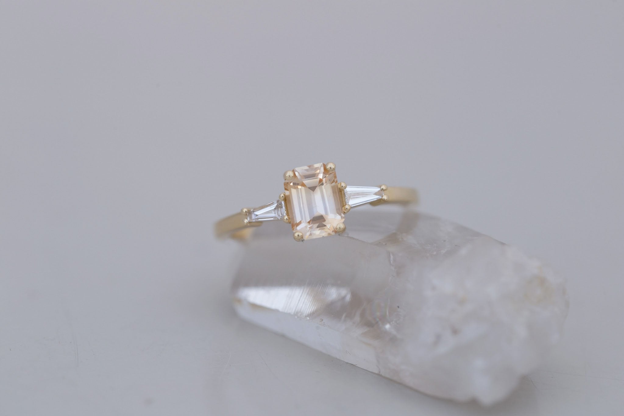 Marlowe Ring | Apricot Emerald Cut Sapphire + Tapered Baguette Engagement Ring 1.08 ct | 14k Recycled Gold | One of a Kind