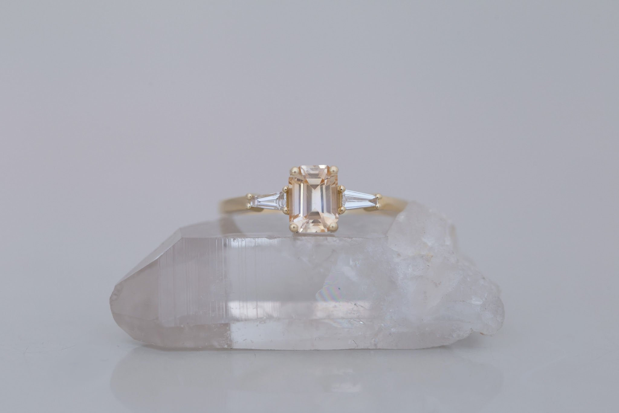 Marlowe Ring | Apricot Emerald Cut Sapphire + Tapered Baguette Engagement Ring 1.08 ct | 14k Recycled Gold | One of a Kind