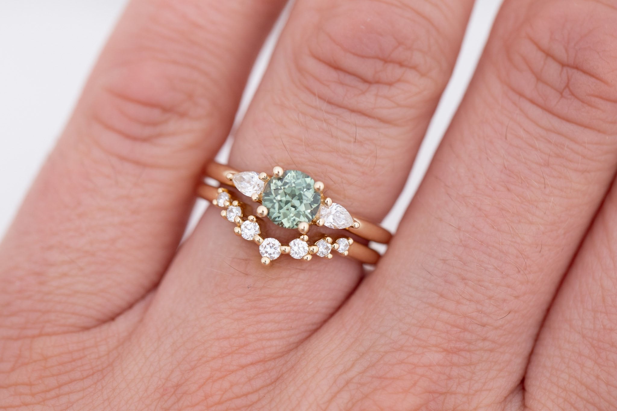 Iris Ring | Green Sapphire + Pear Diamond Accent Engagement Ring 1.08 ct | 14k Recycled Gold | One of a Kind