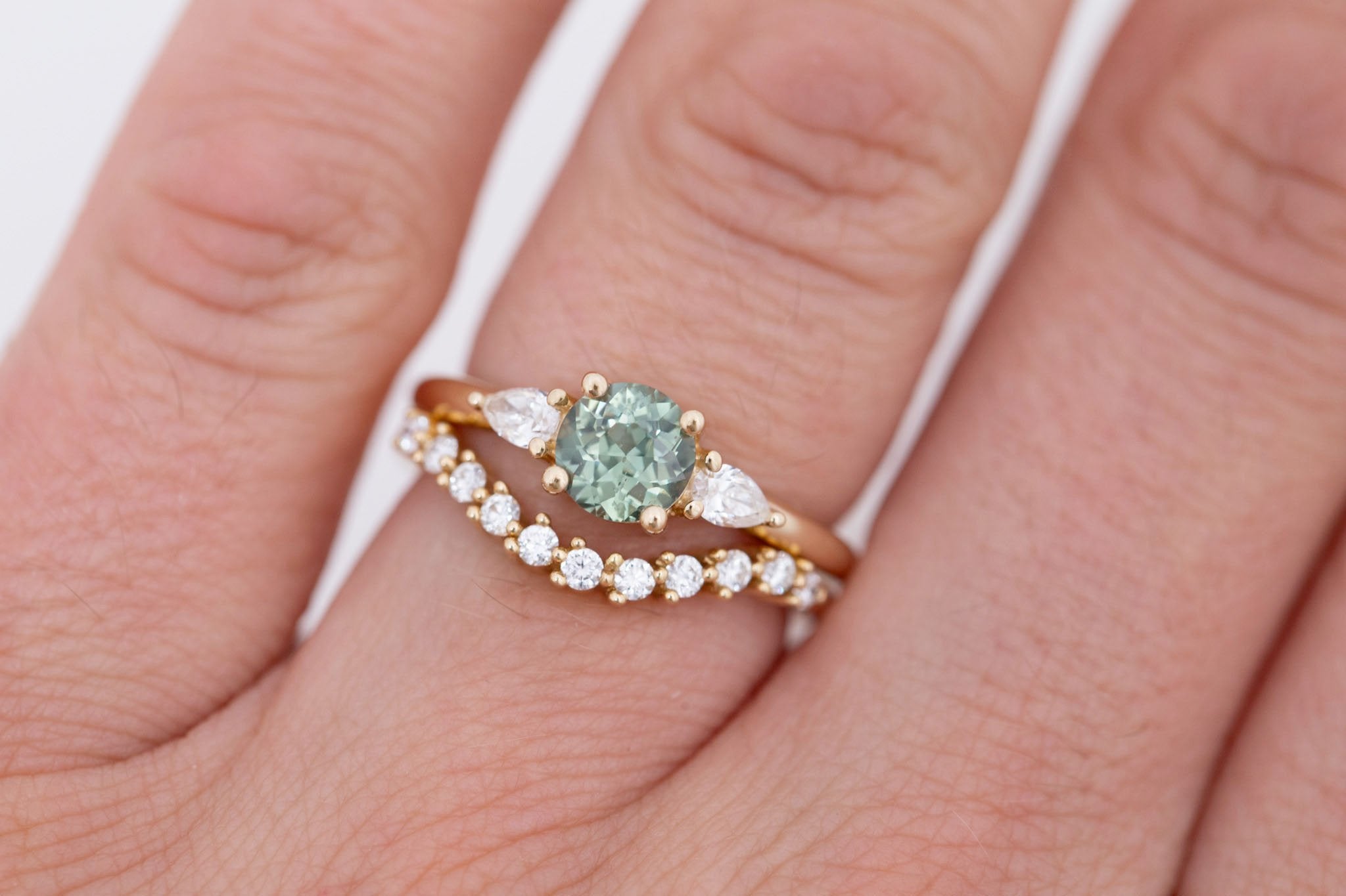 Iris Ring | Green Sapphire + Pear Diamond Accent Engagement Ring 1.08 ct | 14k Recycled Gold | One of a Kind