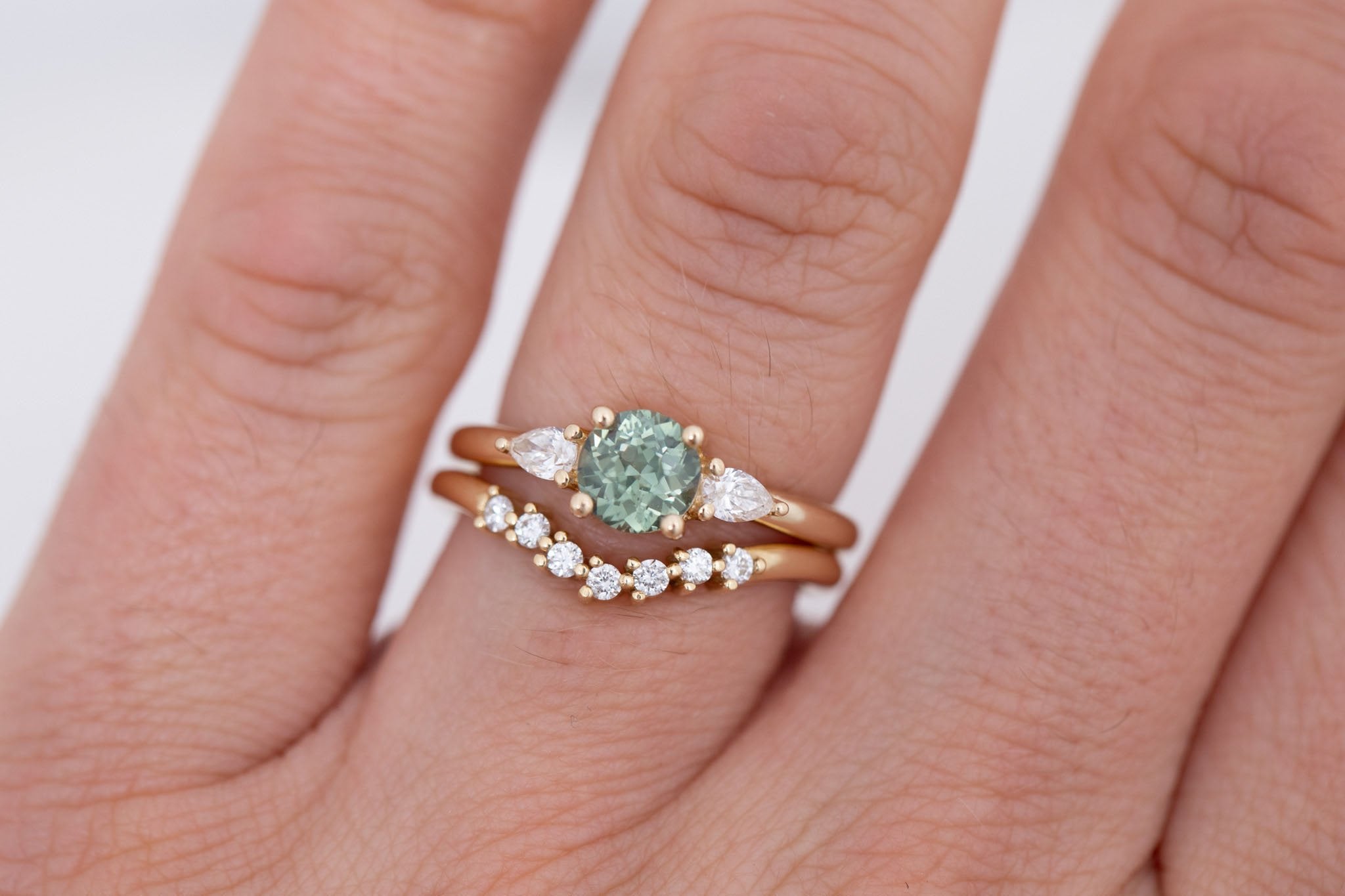 Iris Ring | Green Sapphire + Pear Diamond Accent Engagement Ring 1.08 ct | 14k Recycled Gold | One of a Kind