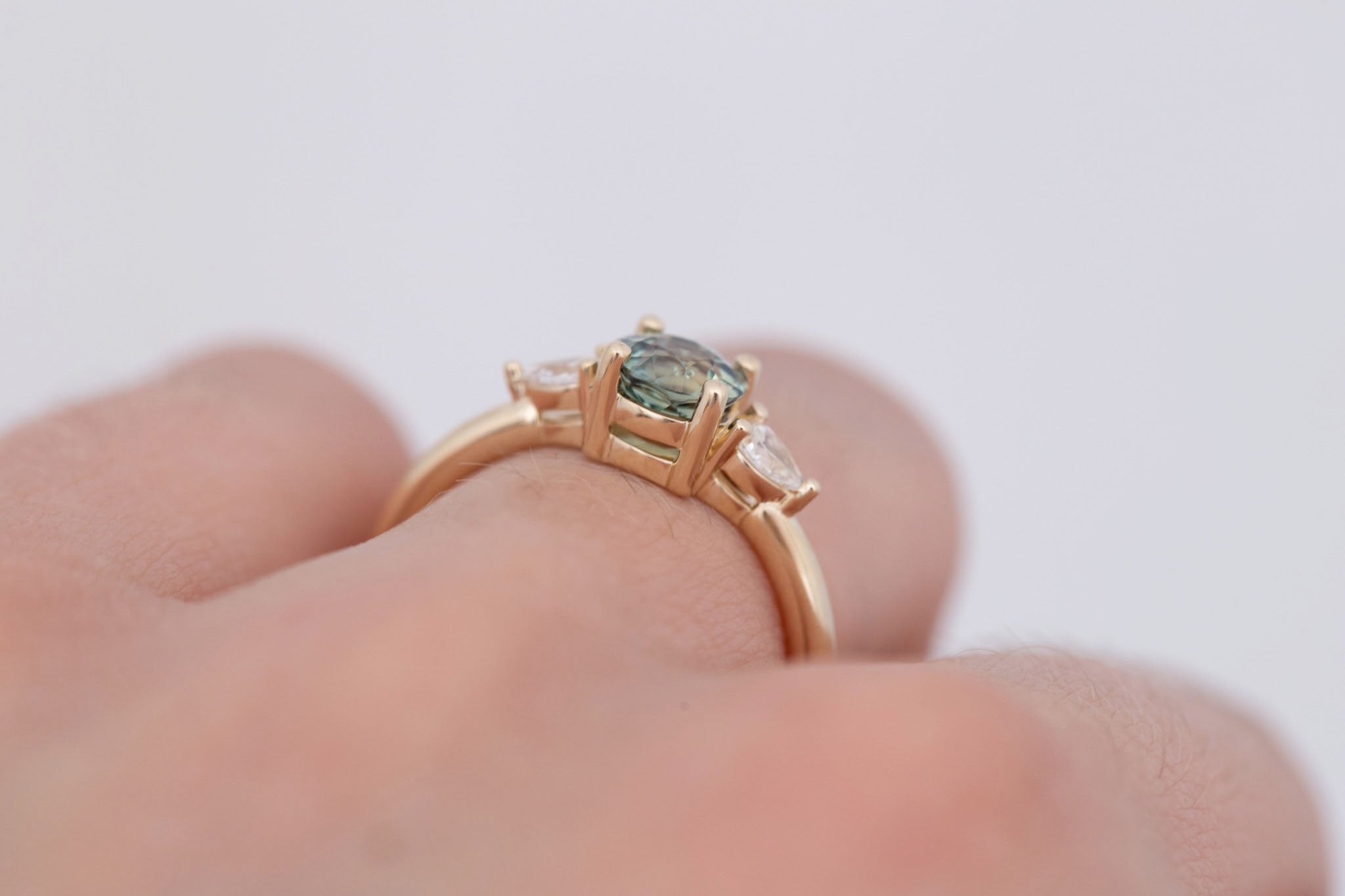 Iris Ring | Green Sapphire + Pear Diamond Accent Engagement Ring 1.08 ct | 14k Recycled Gold | One of a Kind