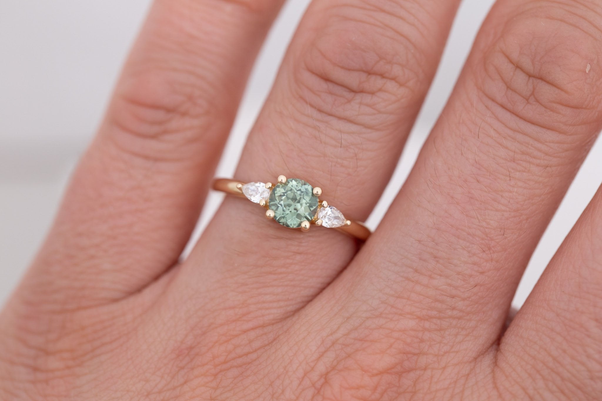 Iris Ring | Green Sapphire + Pear Diamond Accent Engagement Ring 1.08 ct | 14k Recycled Gold | One of a Kind