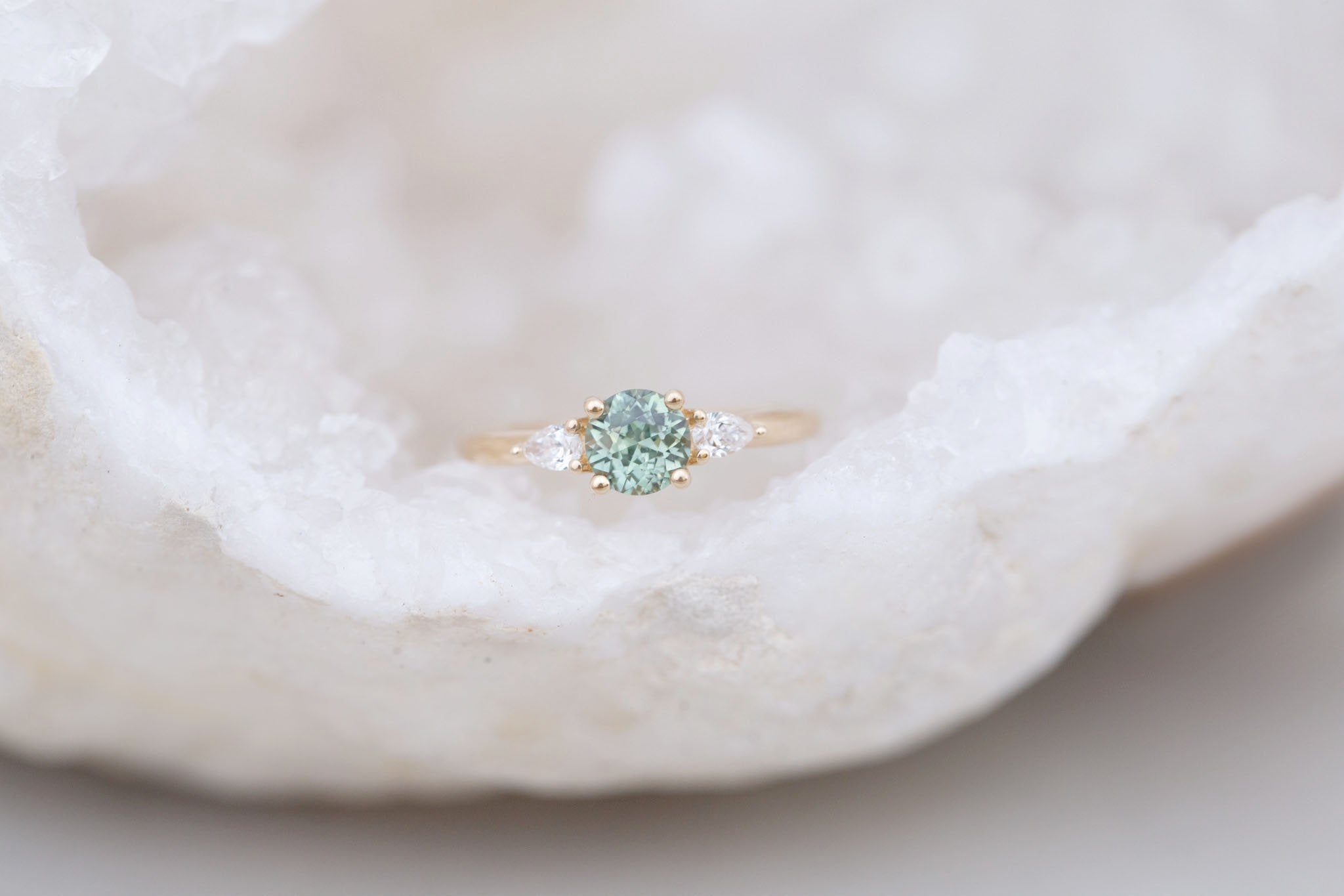 Iris Ring | Green Sapphire + Pear Diamond Accent Engagement Ring 1.08 ct | 14k Recycled Gold | One of a Kind