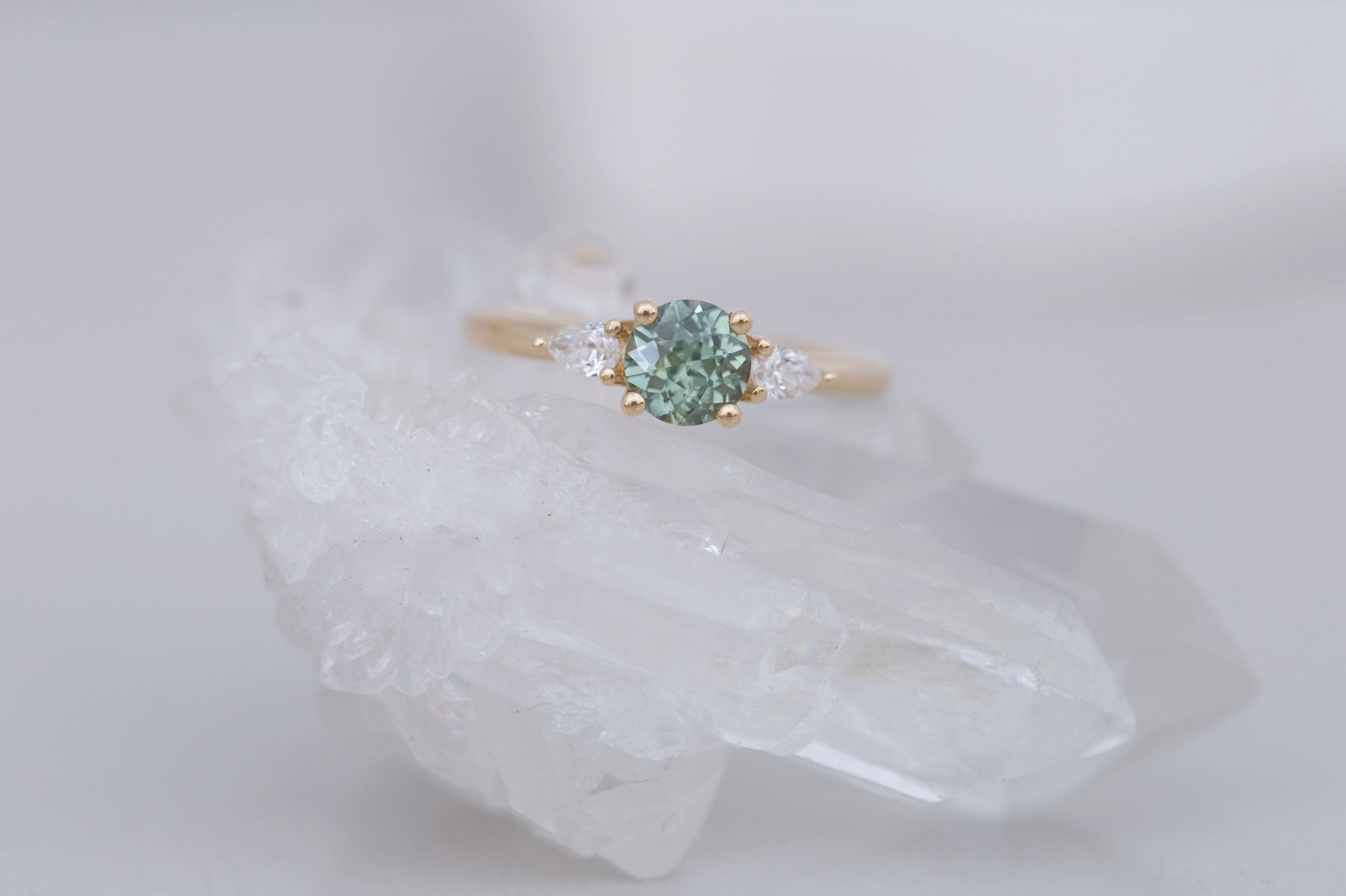 Iris Ring | Green Sapphire + Pear Diamond Accent Engagement Ring 1.08 ct | 14k Recycled Gold | One of a Kind