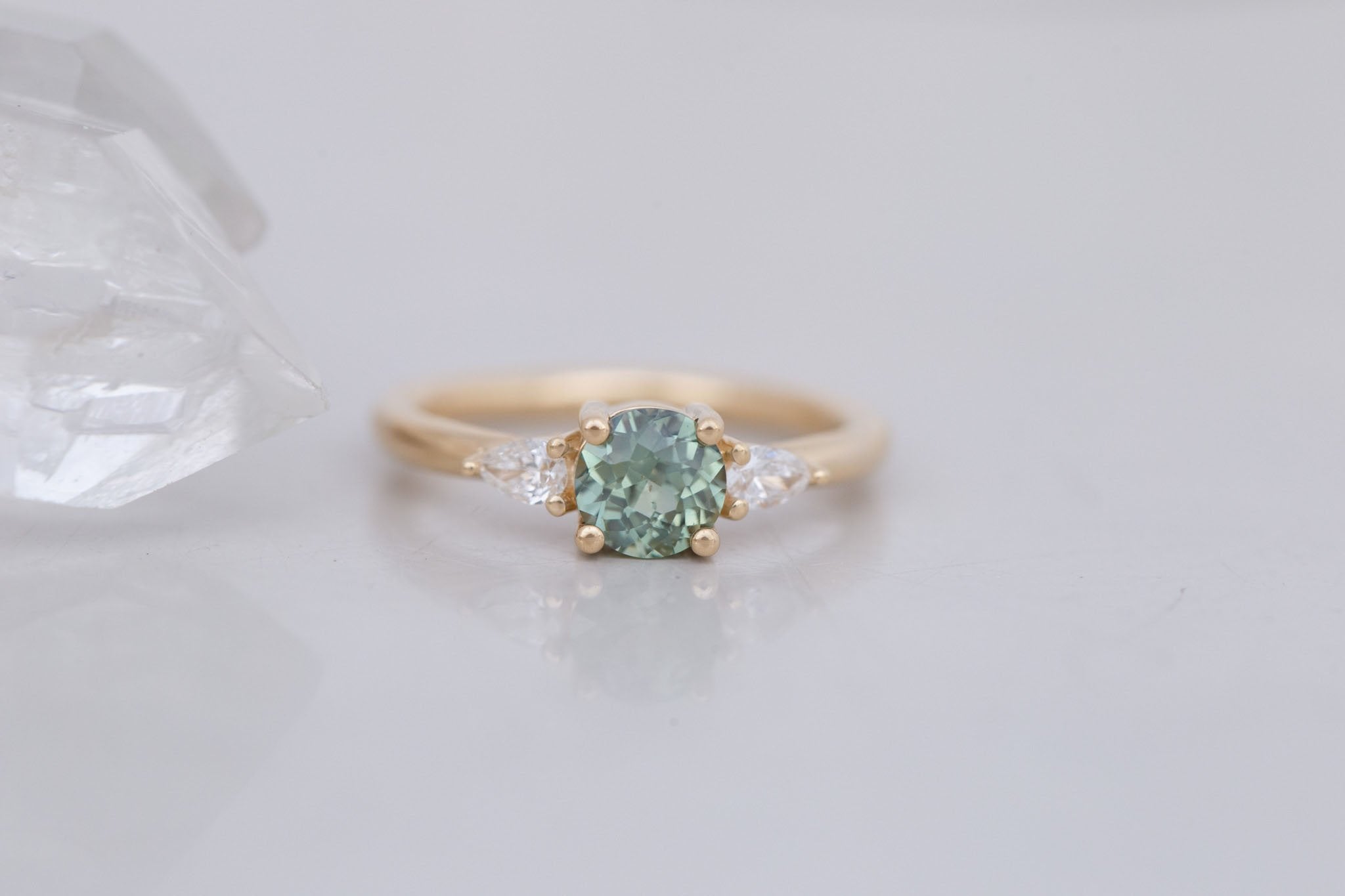 Iris Ring | Green Sapphire + Pear Diamond Accent Engagement Ring 1.08 ct | 14k Recycled Gold | One of a Kind