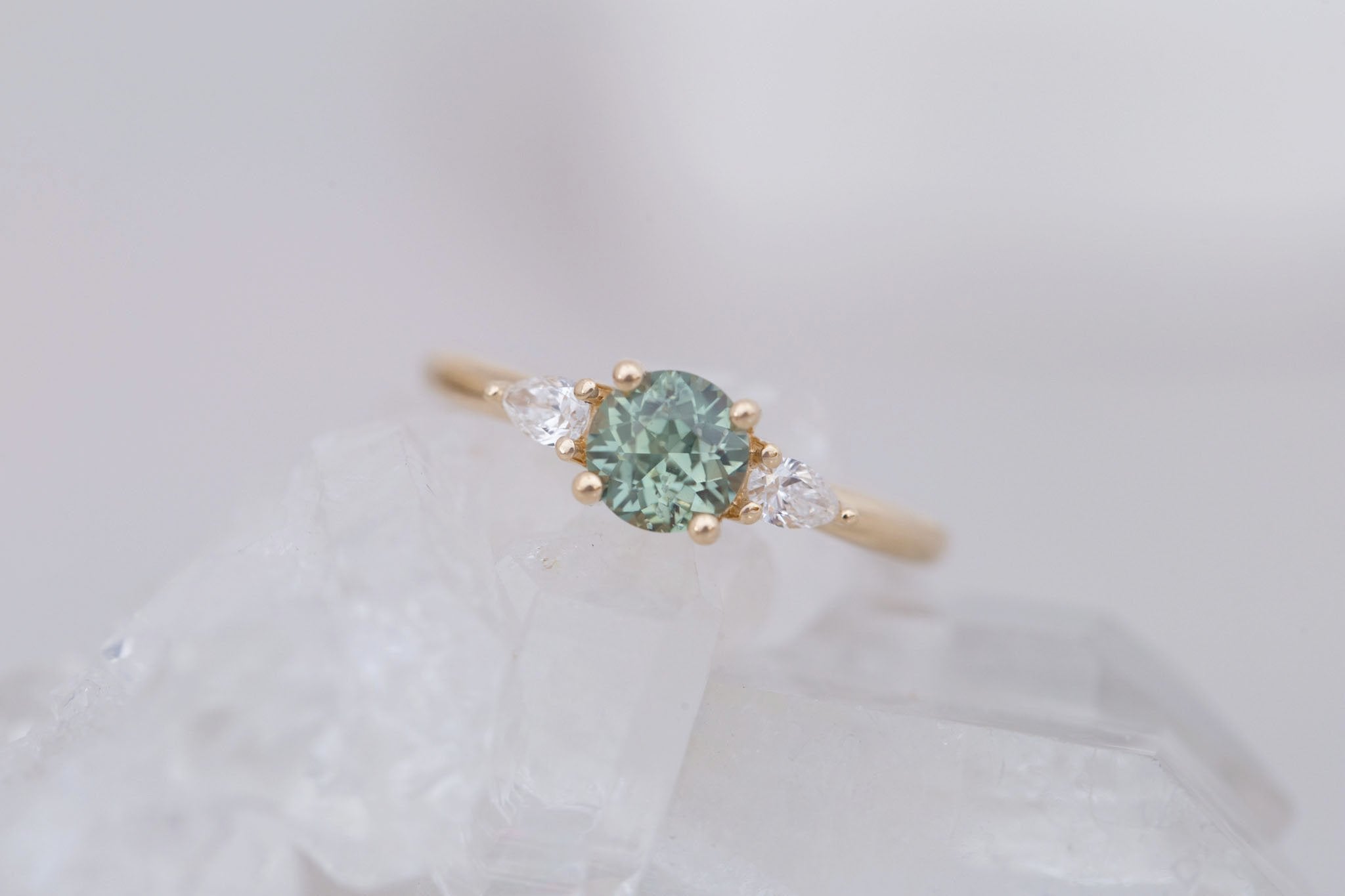 Iris Ring | Green Sapphire + Pear Diamond Accent Engagement Ring 1.08 ct | 14k Recycled Gold | One of a Kind