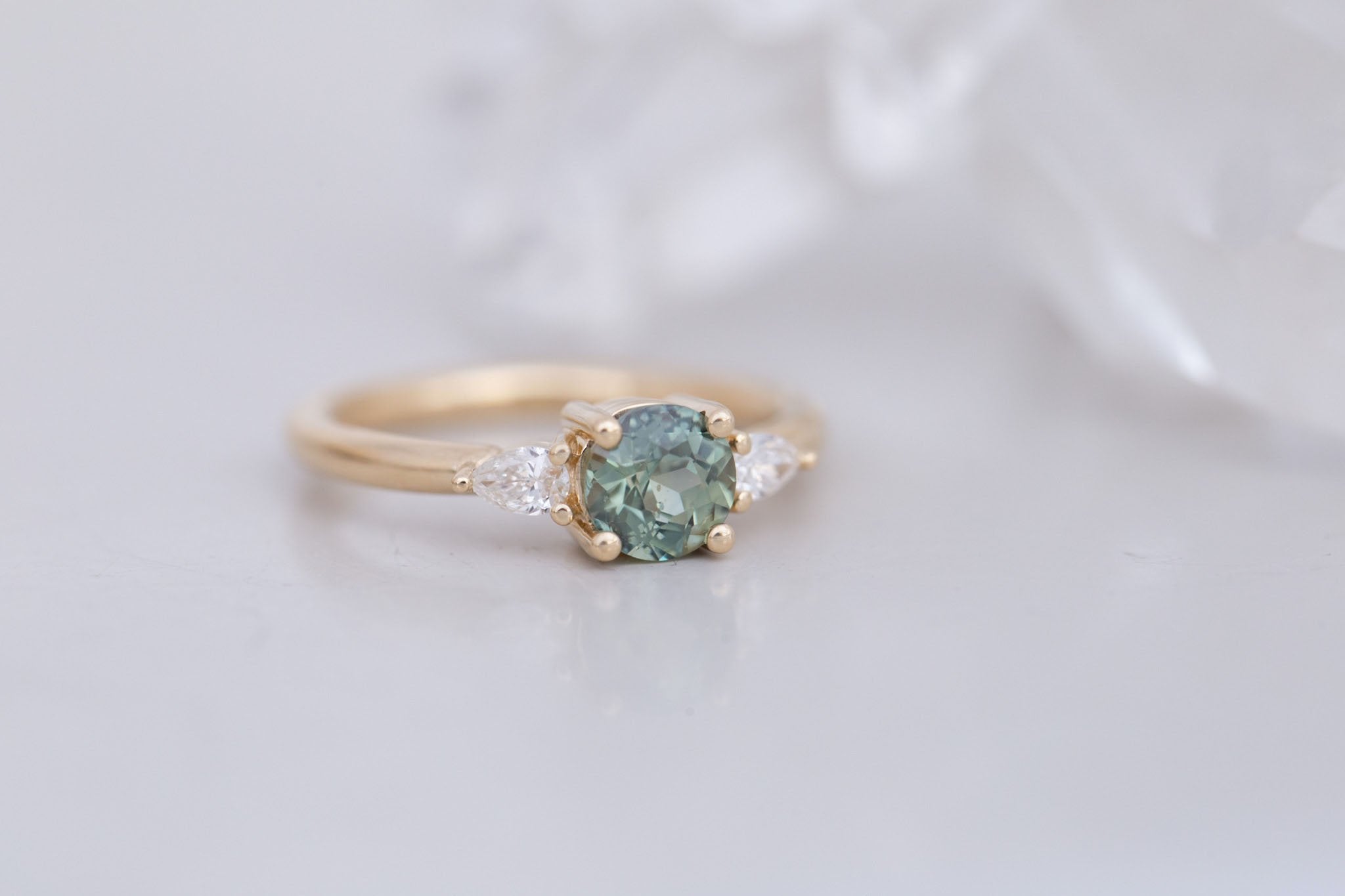 Iris Ring | Green Sapphire + Pear Diamond Accent Engagement Ring 1.08 ct | 14k Recycled Gold | One of a Kind