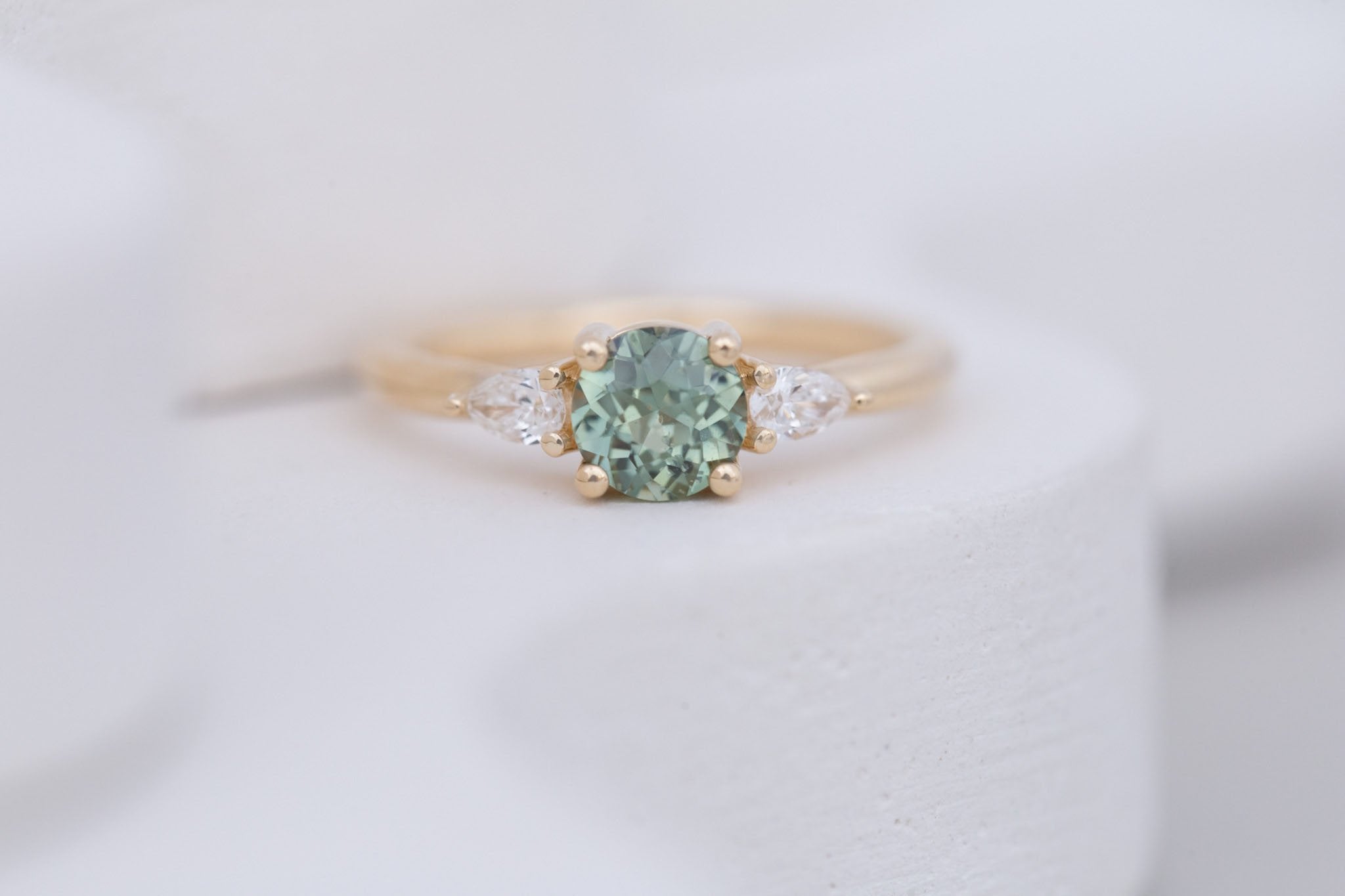 Iris Ring | Green Sapphire + Pear Diamond Accent Engagement Ring 1.08 ct | 14k Recycled Gold | One of a Kind