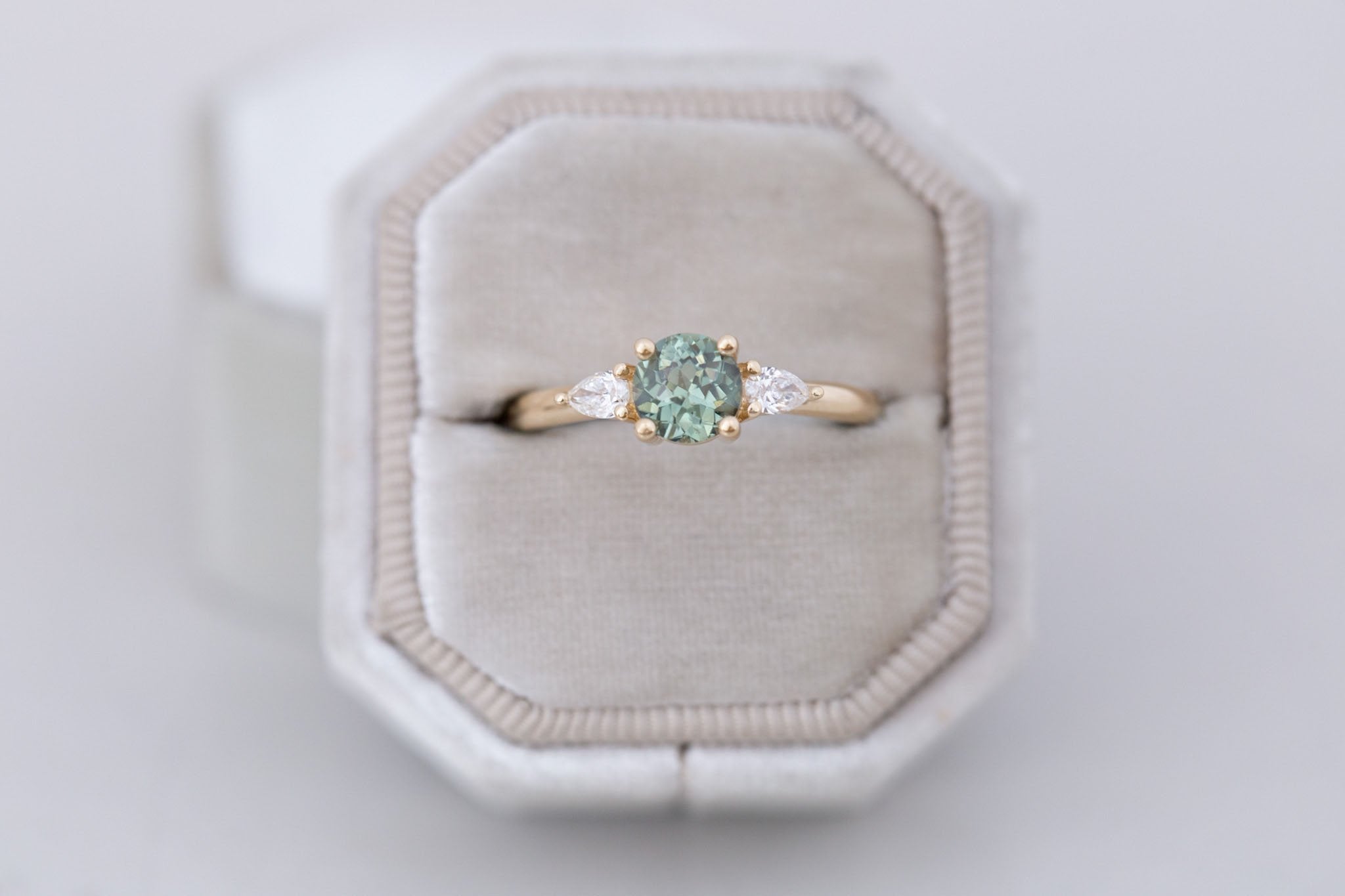 Iris Ring | Green Sapphire + Pear Diamond Accent Engagement Ring 1.08 ct | 14k Recycled Gold | One of a Kind