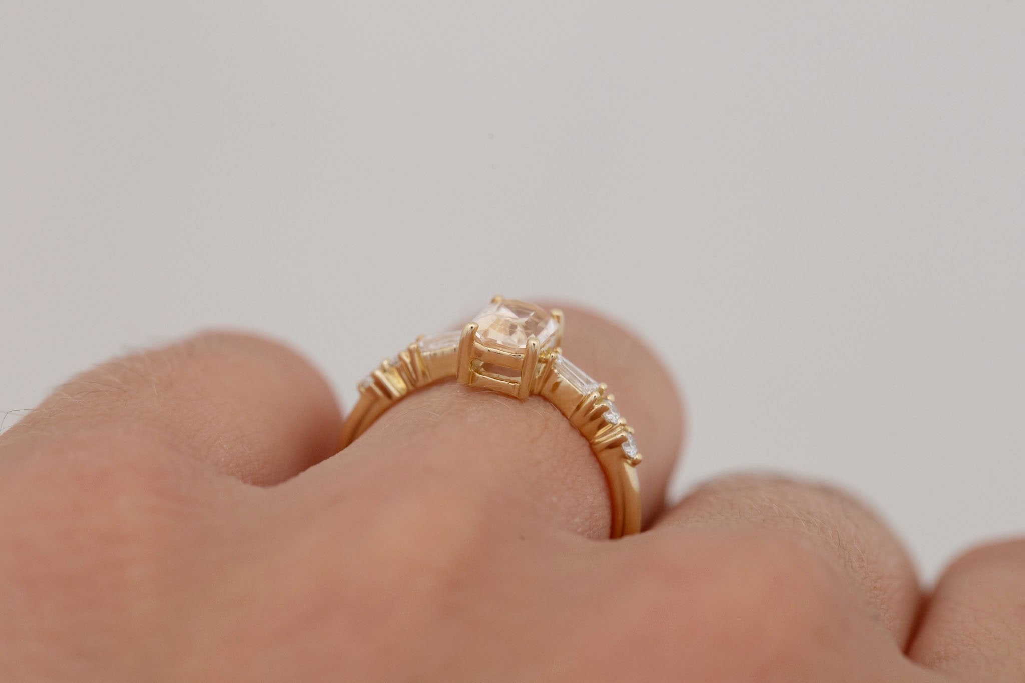 Liesel Ring | Peach Emerald Cut Sapphire + Diamond Baguette Accent Engagement Ring 1.08 ct | 14k Recycled Gold | One of a Kind