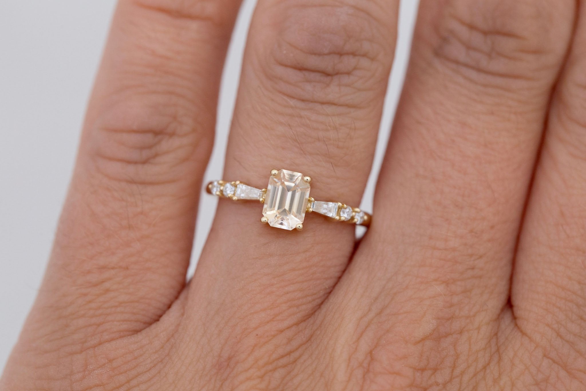 Liesel Ring | Peach Emerald Cut Sapphire + Diamond Baguette Accent Engagement Ring 1.08 ct | 14k Recycled Gold | One of a Kind