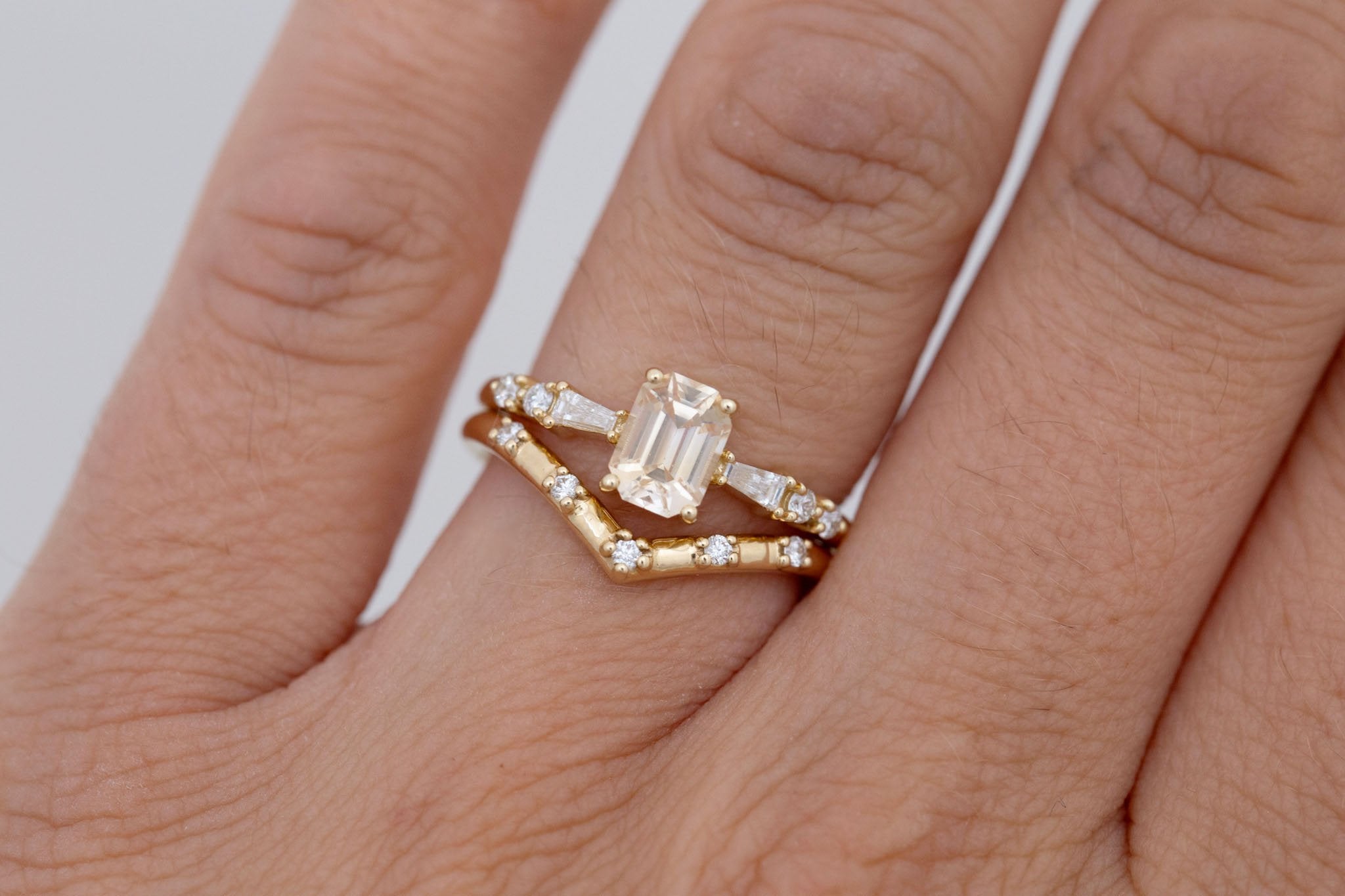 Liesel Ring | Peach Emerald Cut Sapphire + Diamond Baguette Accent Engagement Ring 1.08 ct | 14k Recycled Gold | One of a Kind