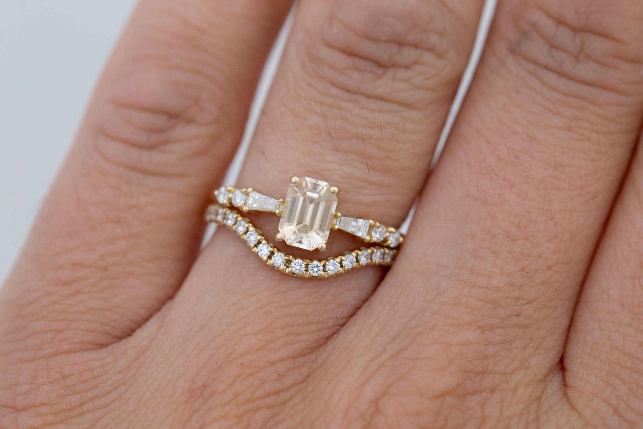 Liesel Ring | Peach Emerald Cut Sapphire + Diamond Baguette Accent Engagement Ring 1.08 ct | 14k Recycled Gold | One of a Kind