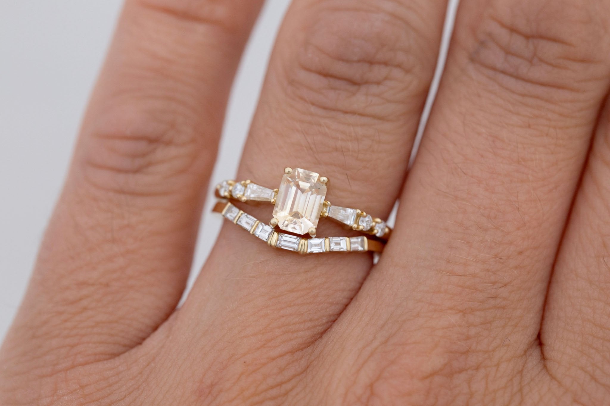 Liesel Ring | Peach Emerald Cut Sapphire + Diamond Baguette Accent Engagement Ring 1.08 ct | 14k Recycled Gold | One of a Kind