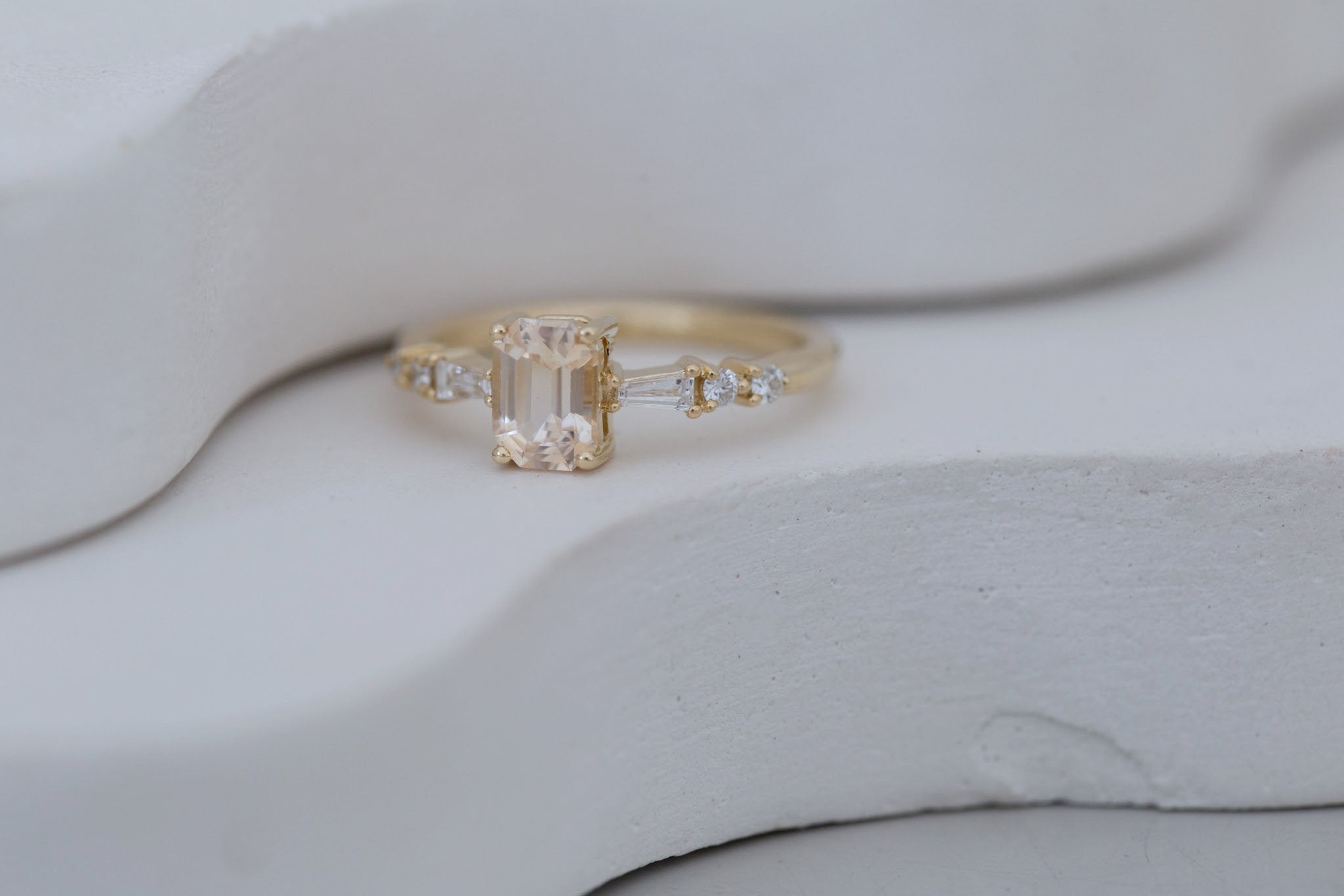 Liesel Ring | Peach Emerald Cut Sapphire + Diamond Baguette Accent Engagement Ring 1.08 ct | 14k Recycled Gold | One of a Kind