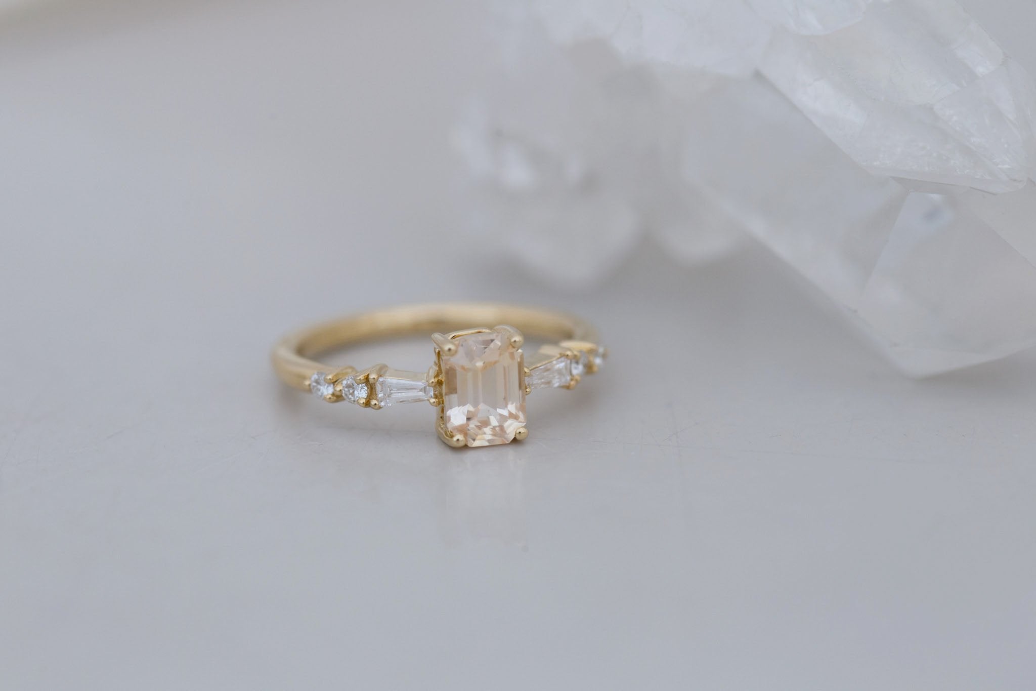 Liesel Ring | Peach Emerald Cut Sapphire + Diamond Baguette Accent Engagement Ring 1.08 ct | 14k Recycled Gold | One of a Kind