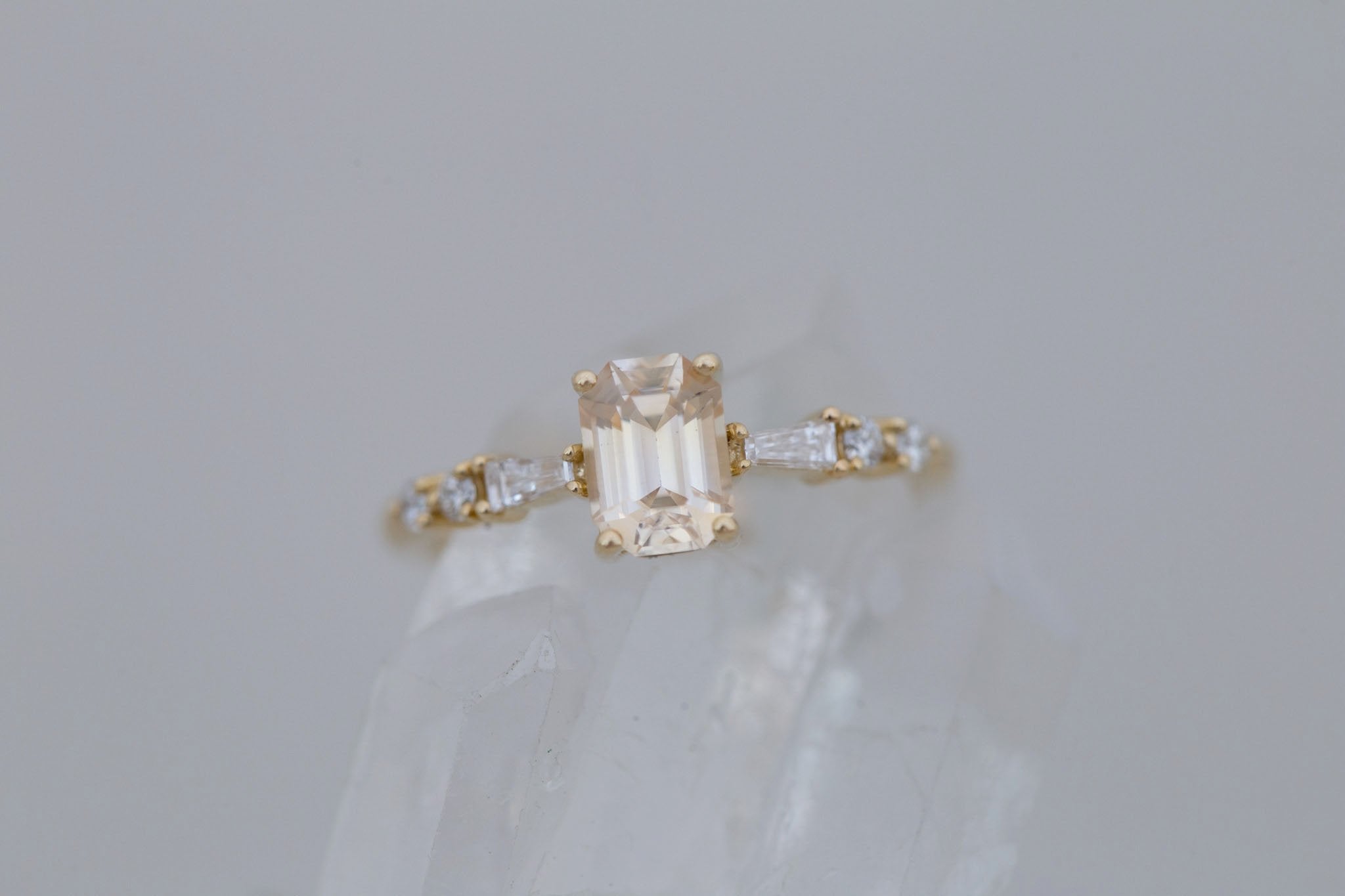 Liesel Ring | Peach Emerald Cut Sapphire + Diamond Baguette Accent Engagement Ring 1.08 ct | 14k Recycled Gold | One of a Kind