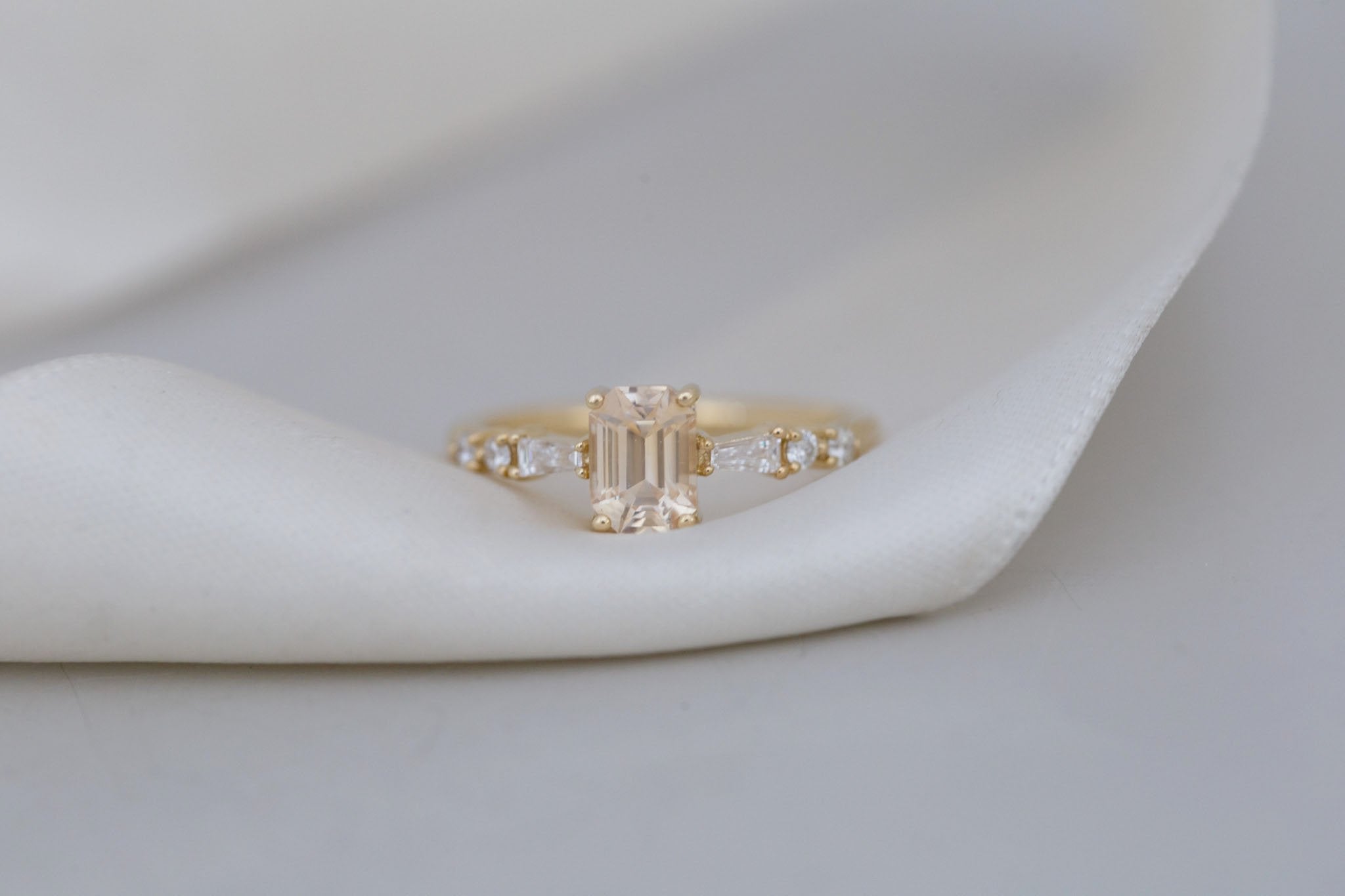 Liesel Ring | Peach Emerald Cut Sapphire + Diamond Baguette Accent Engagement Ring 1.08 ct | 14k Recycled Gold | One of a Kind