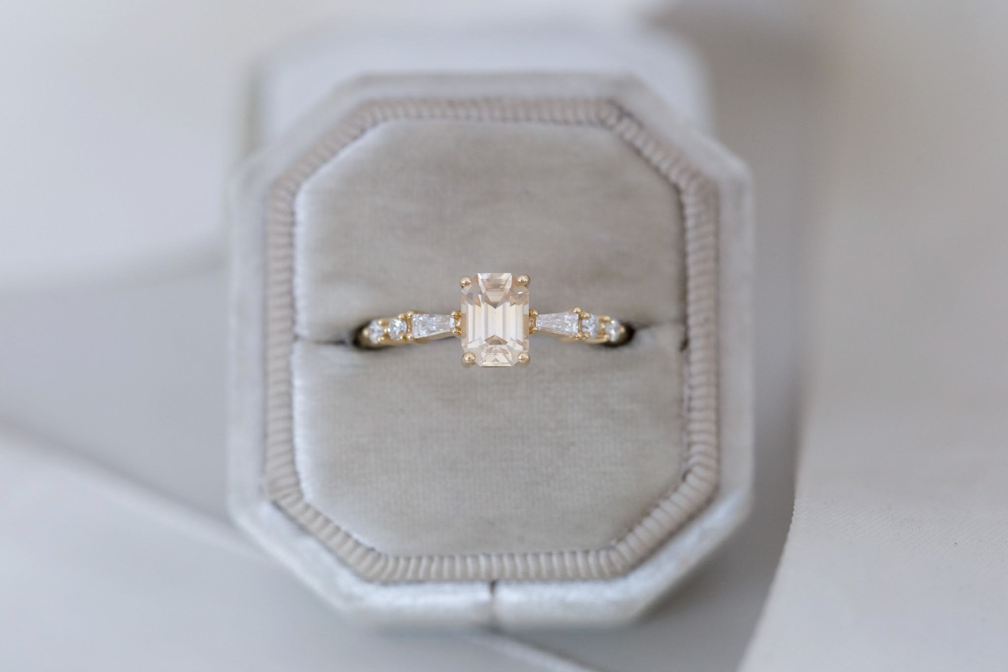 Liesel Ring | Peach Emerald Cut Sapphire + Diamond Baguette Accent Engagement Ring 1.08 ct | 14k Recycled Gold | One of a Kind