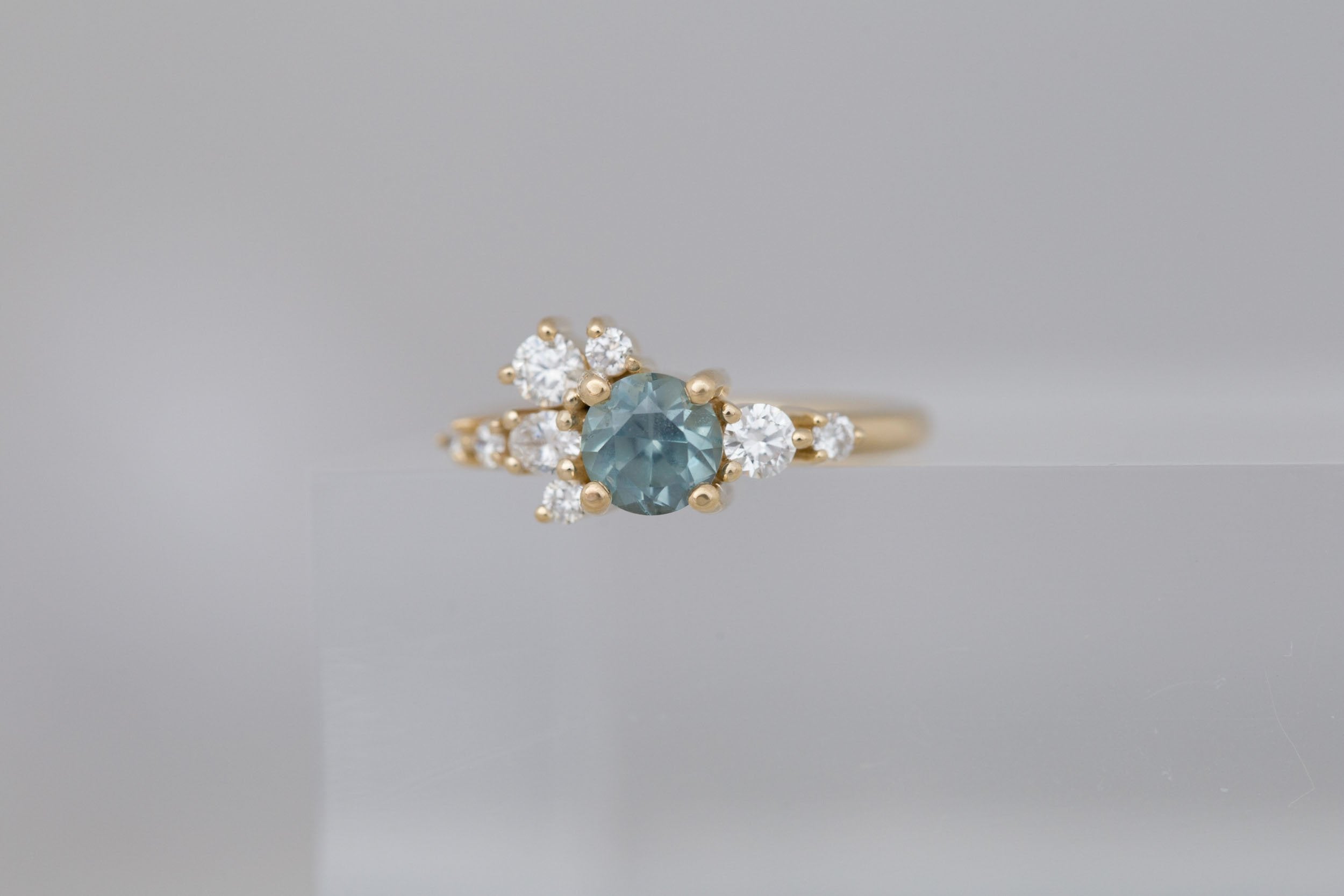 Ilia Ring | Light Teal Montana Sapphire + Diamond Cluster Engagement Ring 1.08 ct | 14k Recycled Gold | One of a Kind