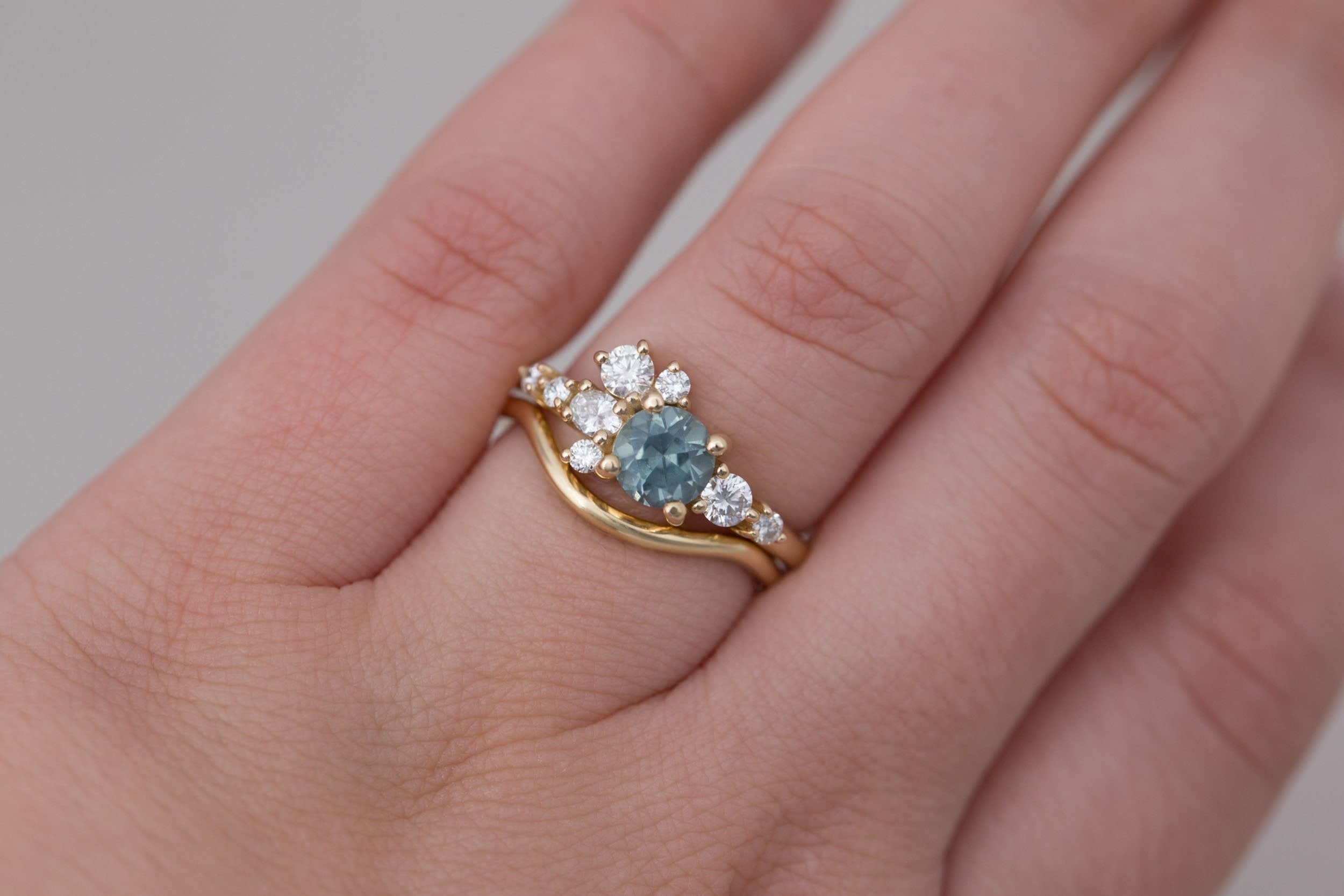 Ilia Ring | Light Teal Montana Sapphire + Diamond Cluster Engagement Ring 1.08 ct | 14k Recycled Gold | One of a Kind
