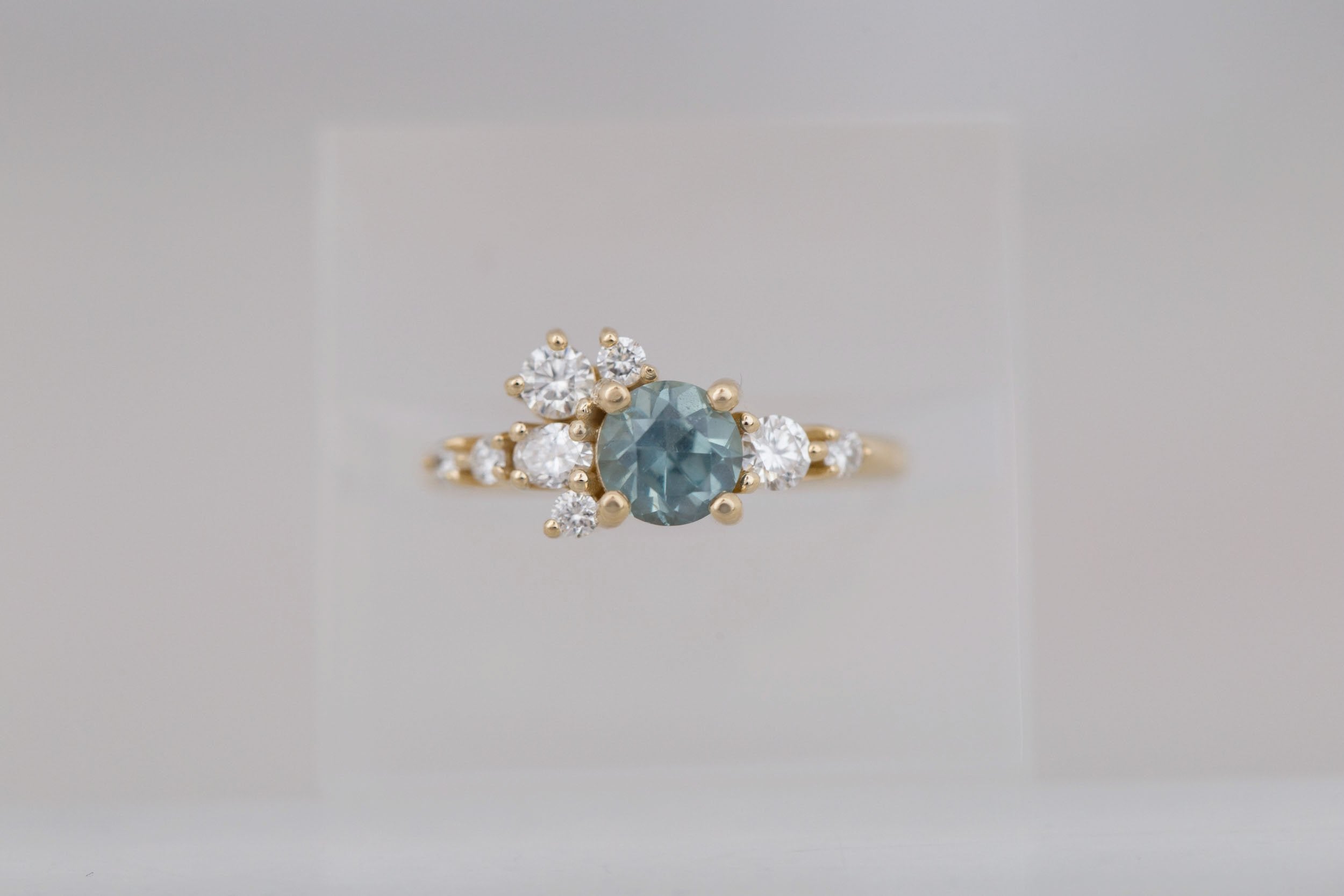 Ilia Ring | Light Teal Montana Sapphire + Diamond Cluster Engagement Ring 1.08 ct | 14k Recycled Gold | One of a Kind