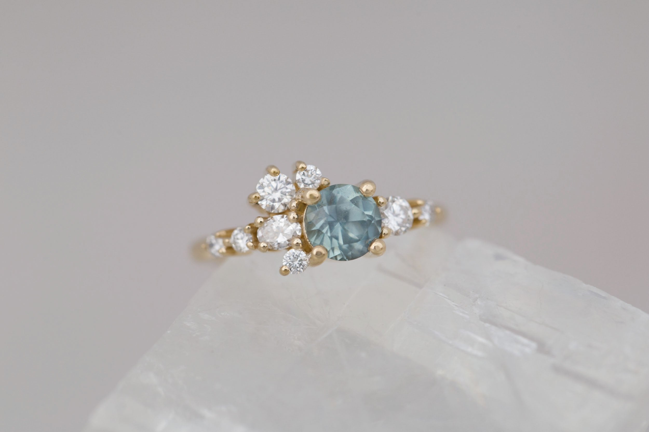 Ilia Ring | Light Teal Montana Sapphire + Diamond Cluster Engagement Ring 1.08 ct | 14k Recycled Gold | One of a Kind