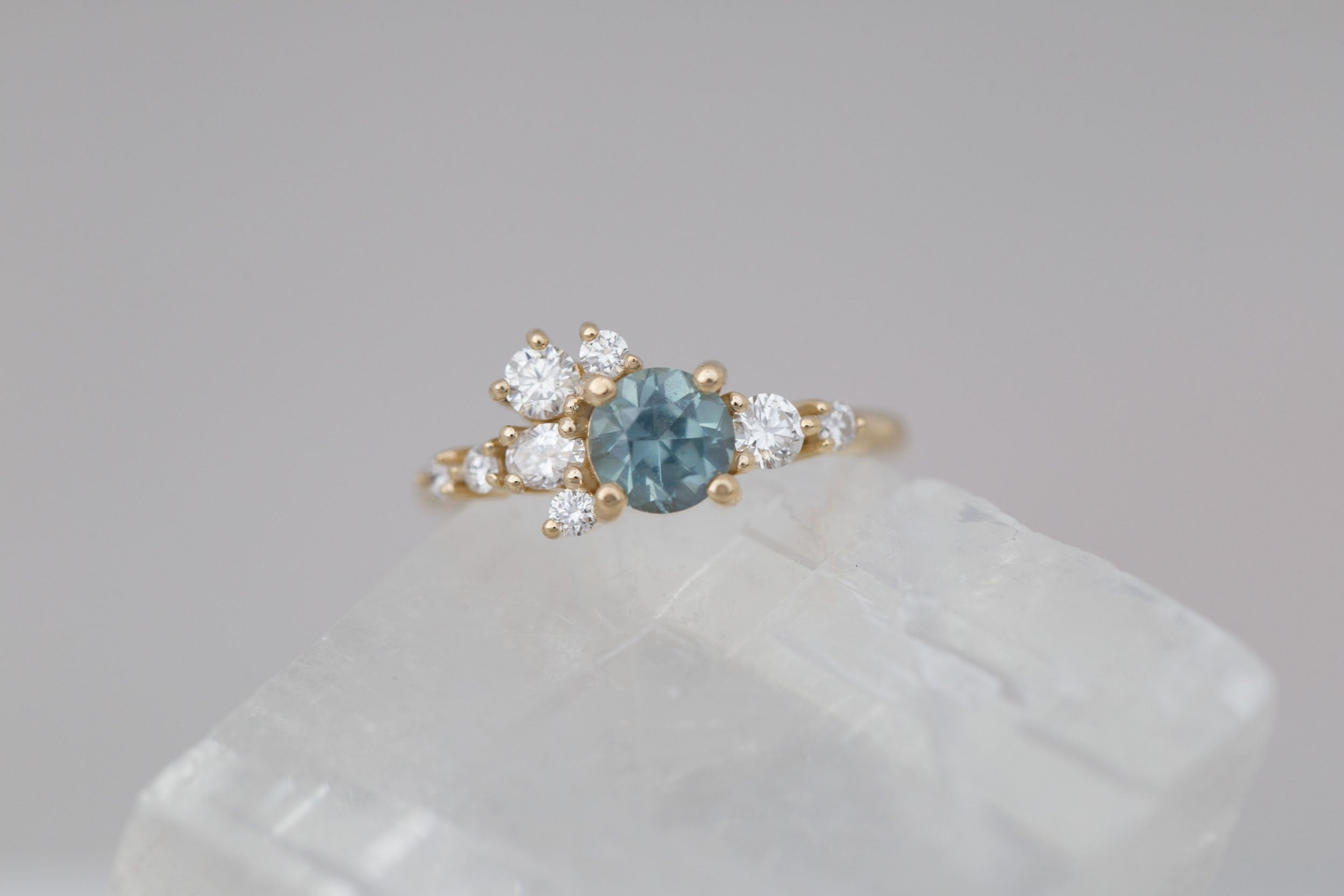 Ilia Ring | Light Teal Montana Sapphire + Diamond Cluster Engagement Ring 1.08 ct | 14k Recycled Gold | One of a Kind