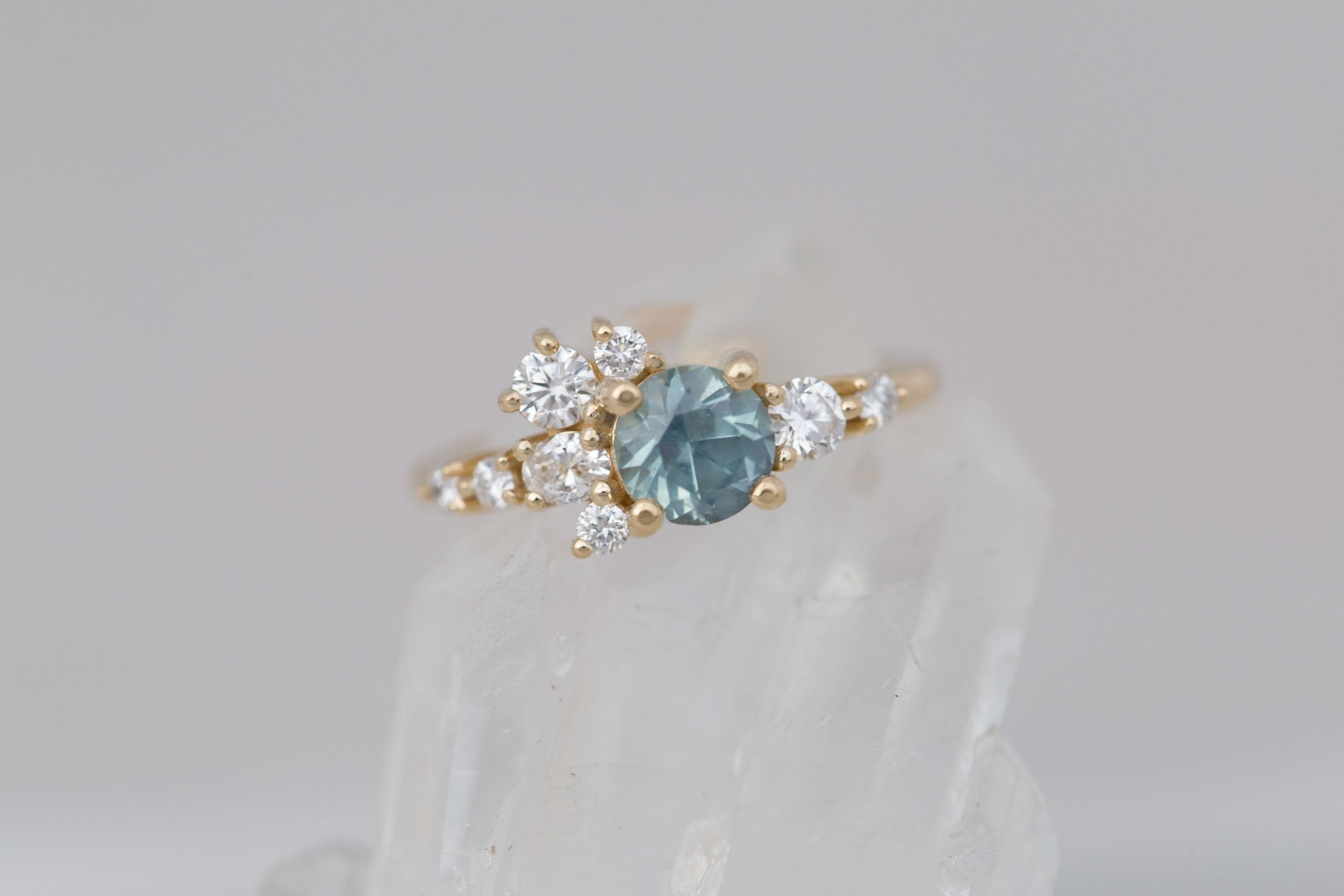Ilia Ring | Light Teal Montana Sapphire + Diamond Cluster Engagement Ring 1.08 ct | 14k Recycled Gold | One of a Kind